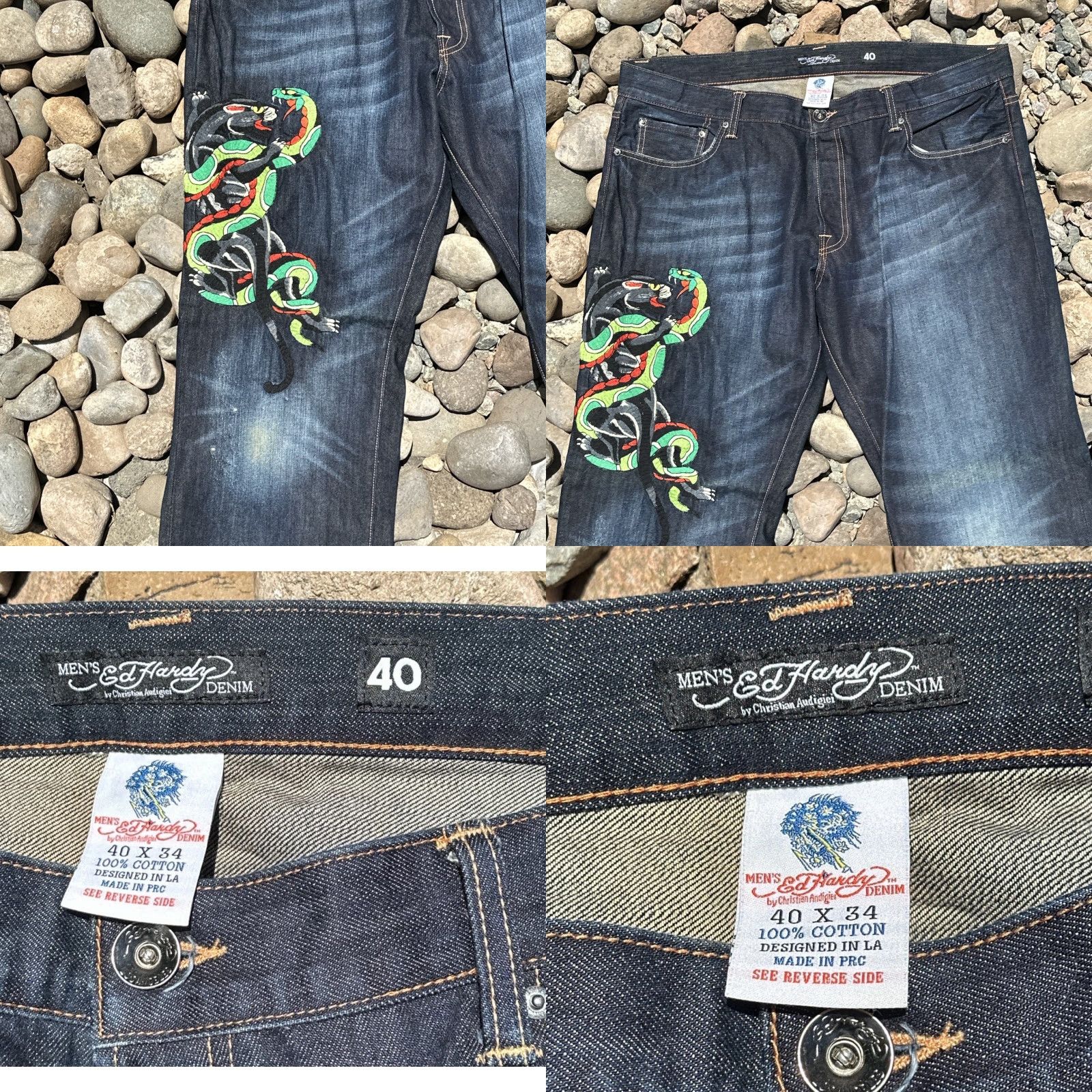 Ed Hardy VINTAGE Ed Hardy Denim Blue Jeans Mens 40x34 Embroidered Snake Tiger Tattoo Art Hipster Straight 2007 Size US 40 / EU 56 - 8 Thumbnail