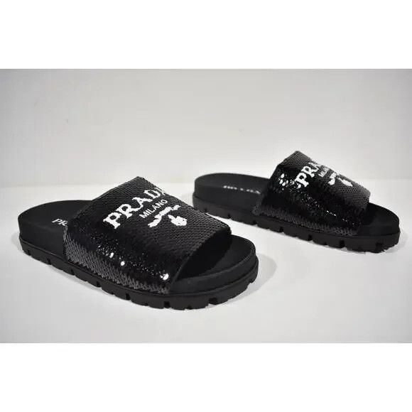 Prada o1B3y1r0526 Sequin Slide Sandals in Black Size US 7 / IT 37 - 2 Thumbnail