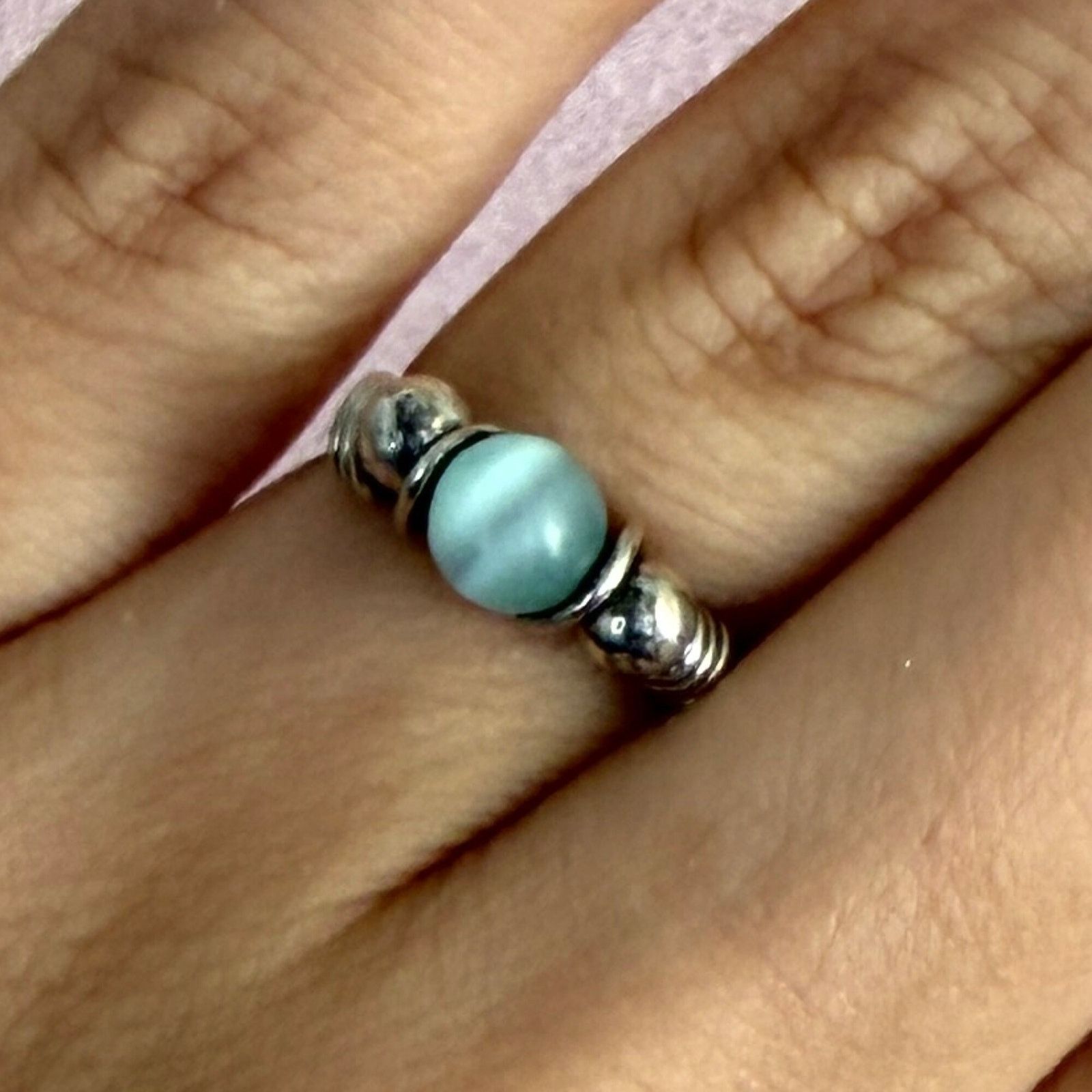 Sterling Silver sterling silver wire wrapped blue cats eye bead ring size 5 Size ONE SIZE - 1 Thumbnail