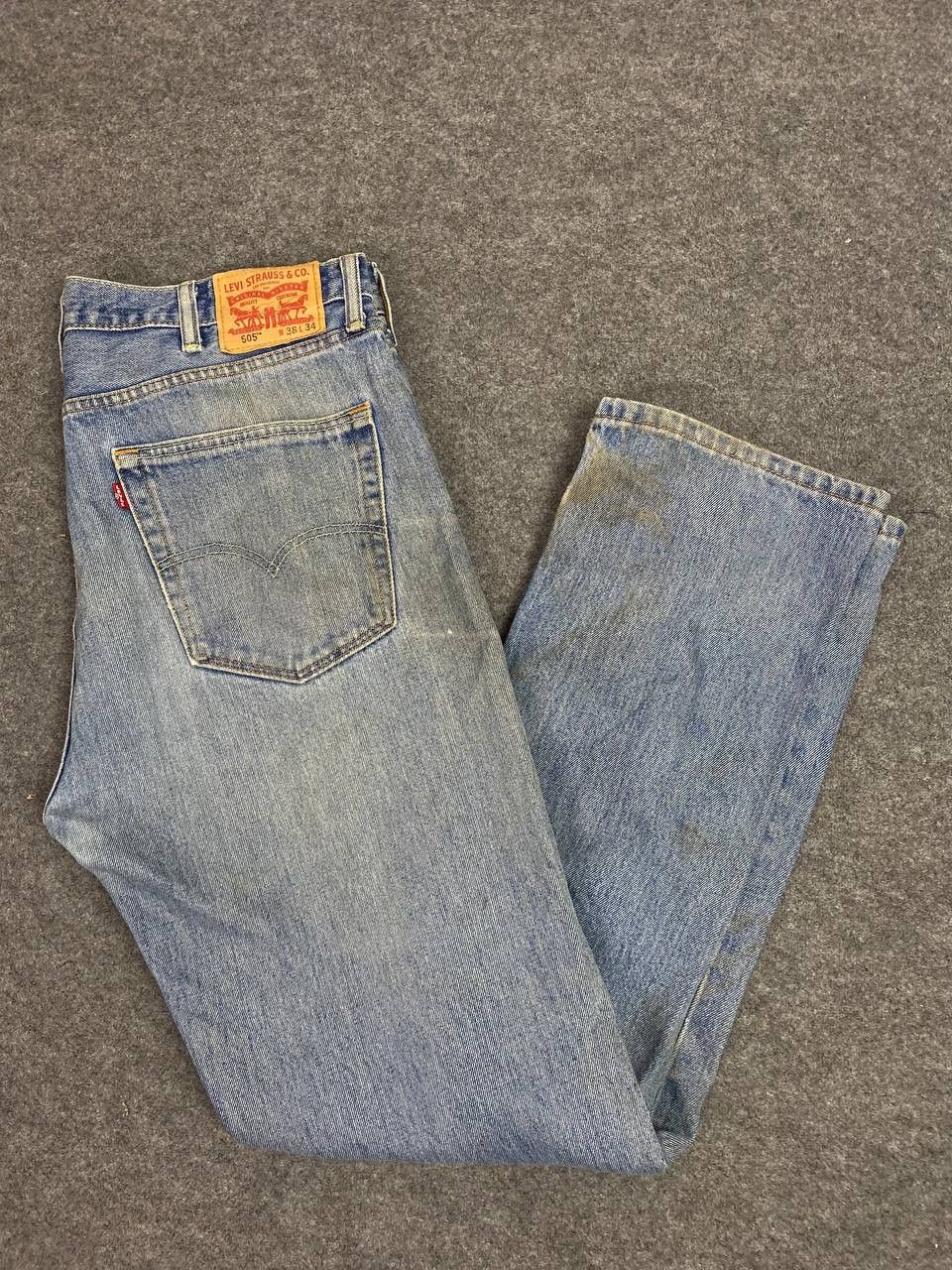image of Le Grande Bleu L G B x Levis 505 Relaxed Fit Denim Paint Splatter And Faded Spot in Light Blue Jean
