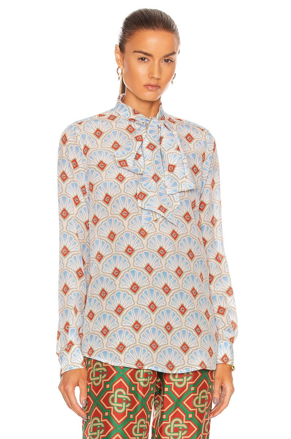 image of Casablanca Blue Shell Logo Crepe De Chine Pussy Bow Blouse, Women's (Size Large)