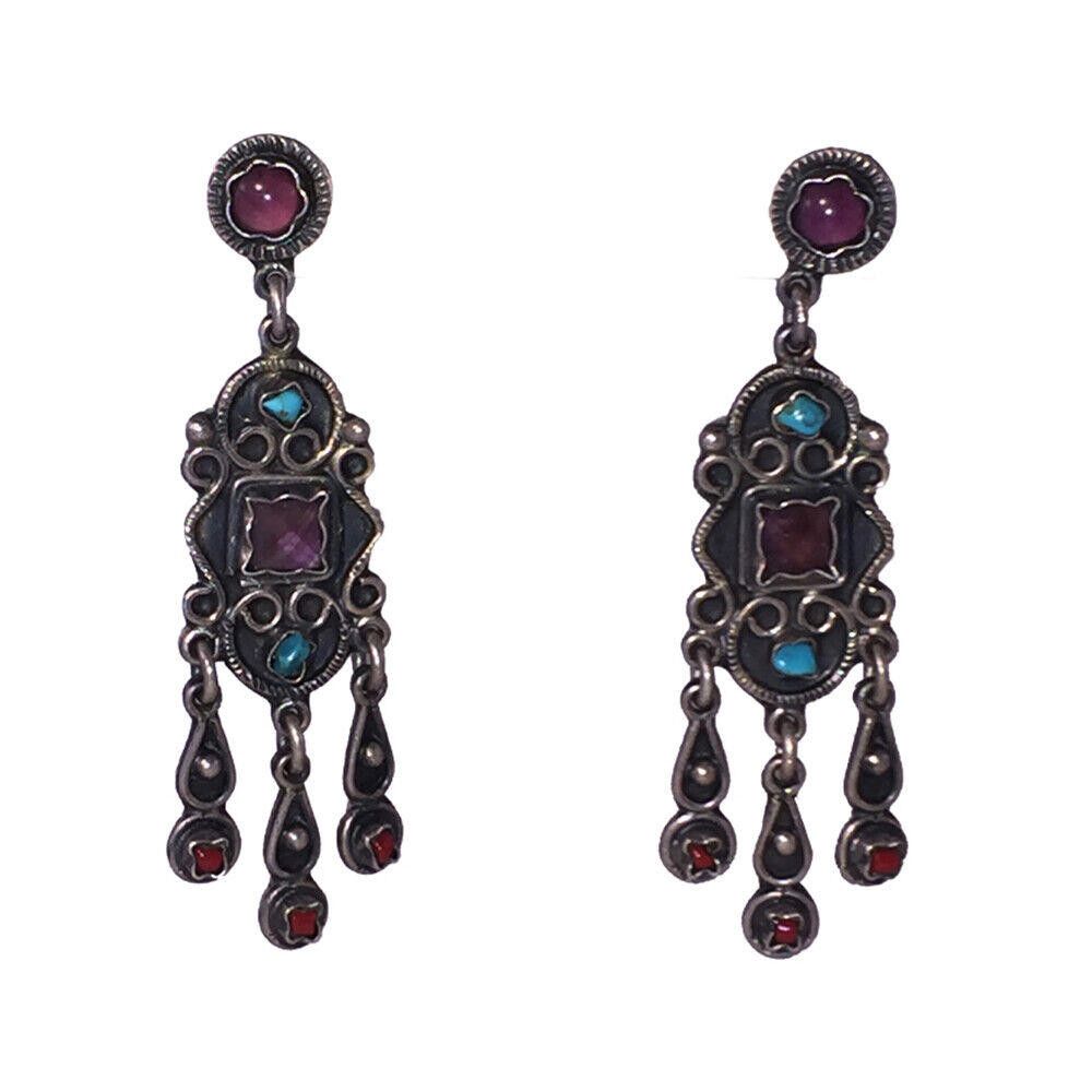 Designer Mexican Sterling Silver Gemstone Chandelier Dangle Earrings Size ONE SIZE - 1 Thumbnail