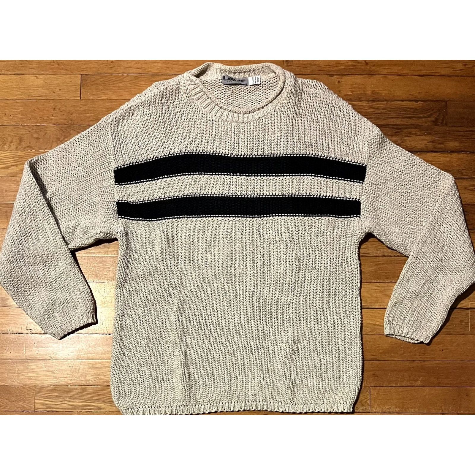 Savane VINTAGE Lavane Sweater Men’s Large Beige Blue 90s Stripes Crew Neck Knit Pullover Casual Formal Workwear Oversized Womens Mens Boys Girls Size US L / EU 52-54 / 3 - 2 Thumbnail
