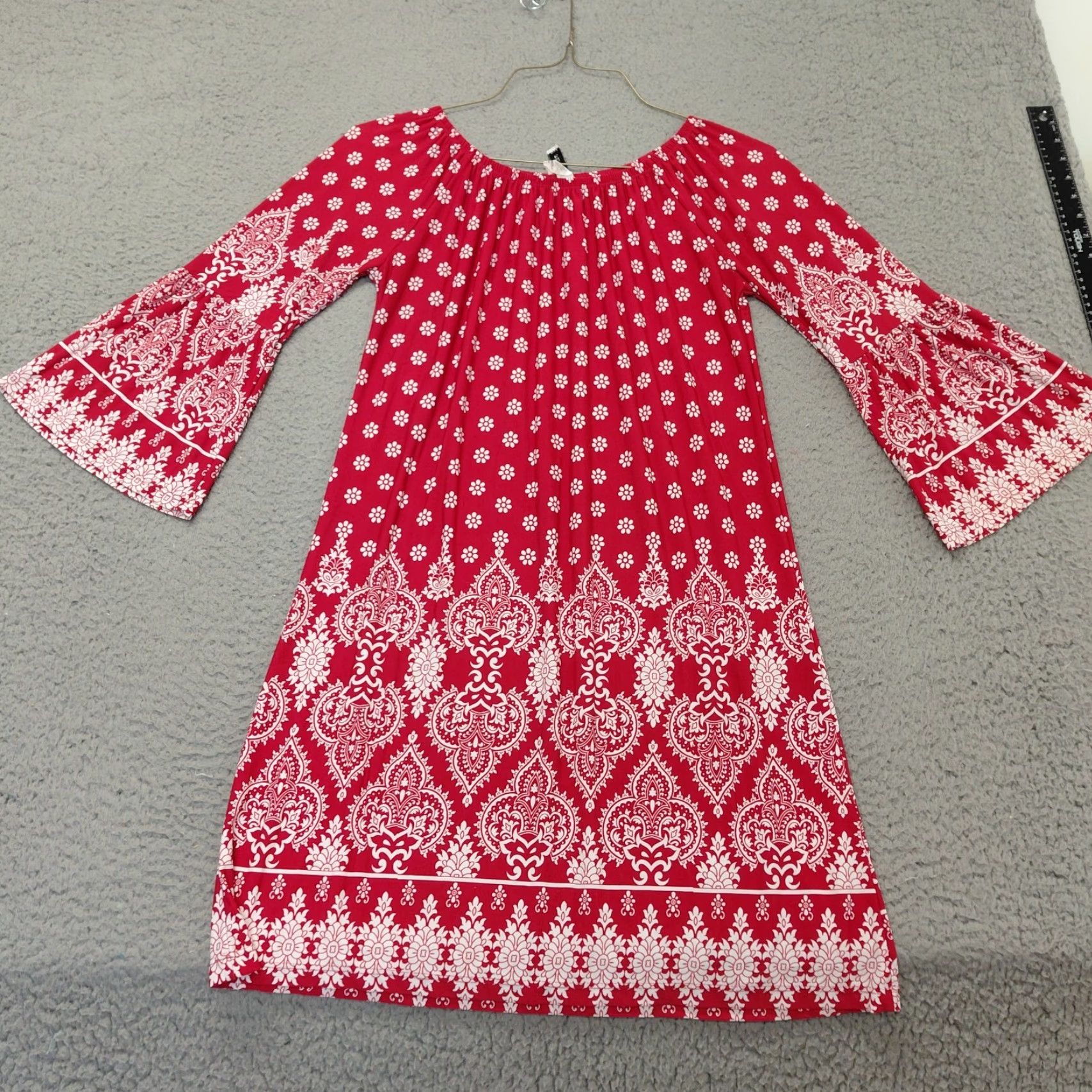 Bell R Rouge Dress Womens Medium Red/White Bohemian Printed Long Bell Sleeve Mini Dress Size M / US 6-8 / IT 42-44 - 7 Thumbnail
