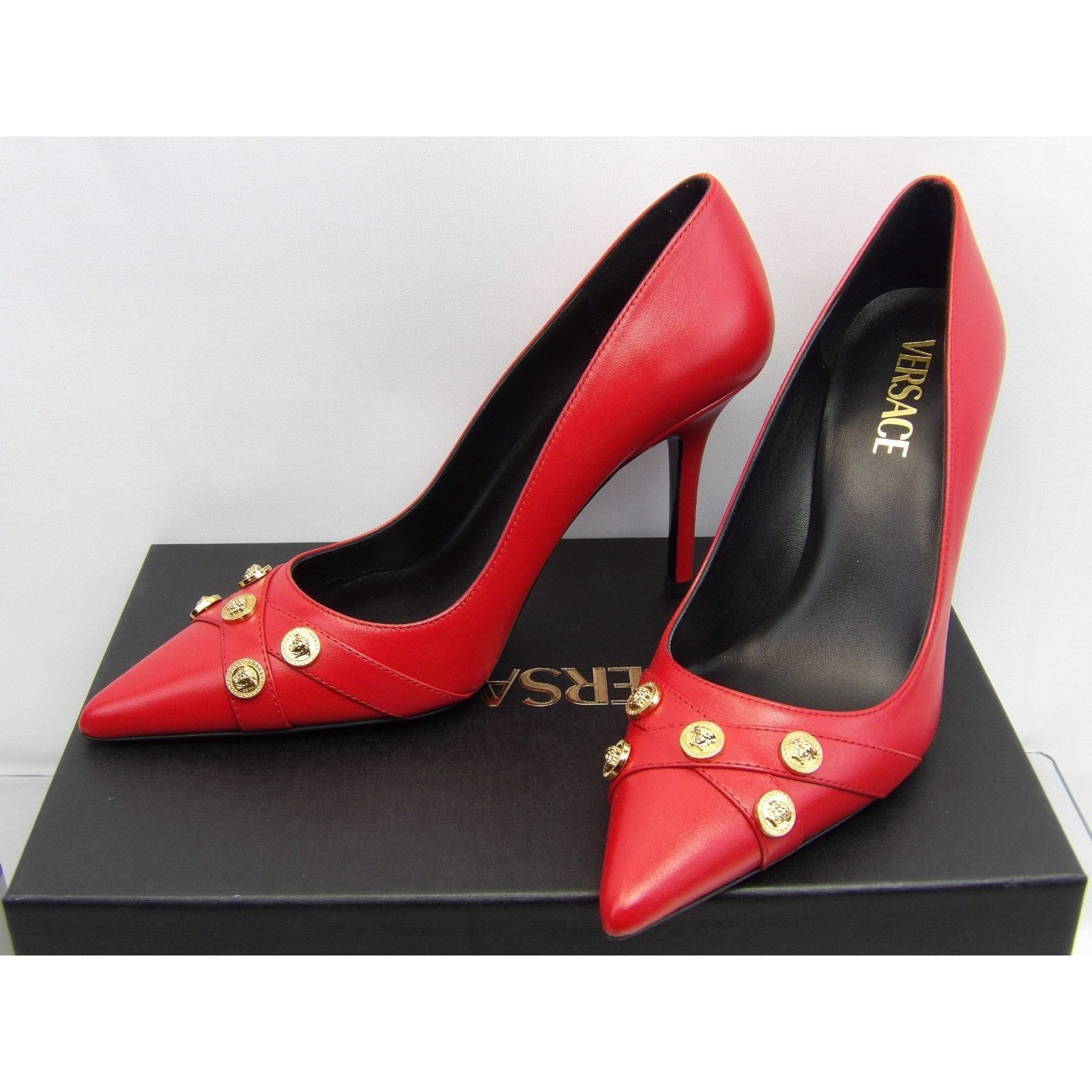 Versace NIB VERSACE RED LEATHER GOLD MEDUSA LOGO STUDS PUMPS 37 Size US 7 / IT 37 - 4 Thumbnail