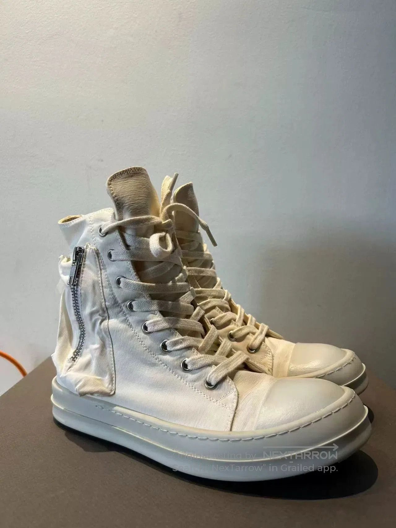 Rick Owens White High-Top Sneakers.