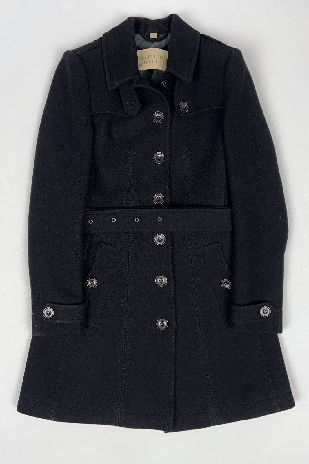 image of Burberry Brit Belted Wool Cashmere Coat Jacket in Black/Navy, Women's (Size XS)