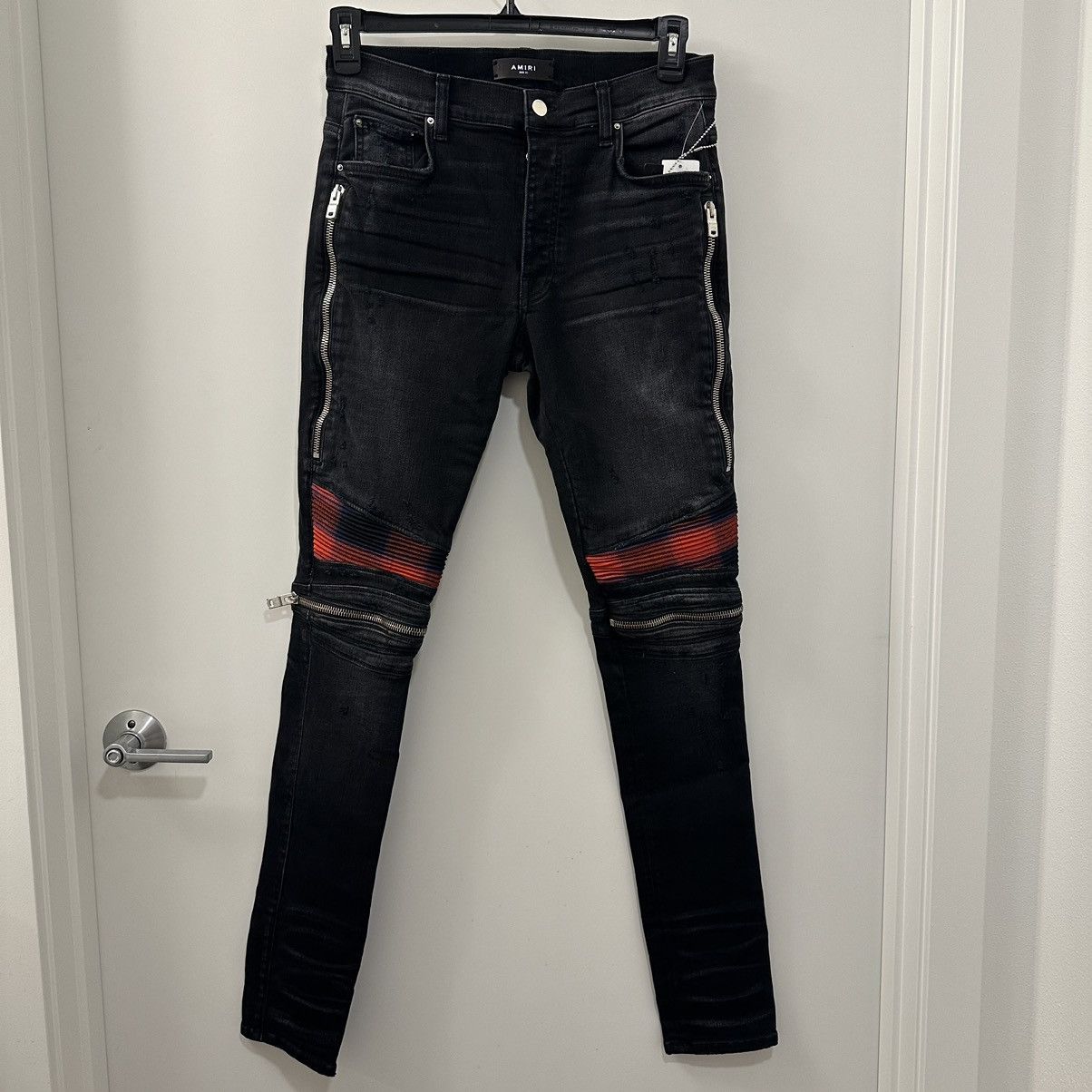 image of New Amiri Mx2 Patch Denim Distressed Stretchy Jeans in Black, Men's (Size 31)