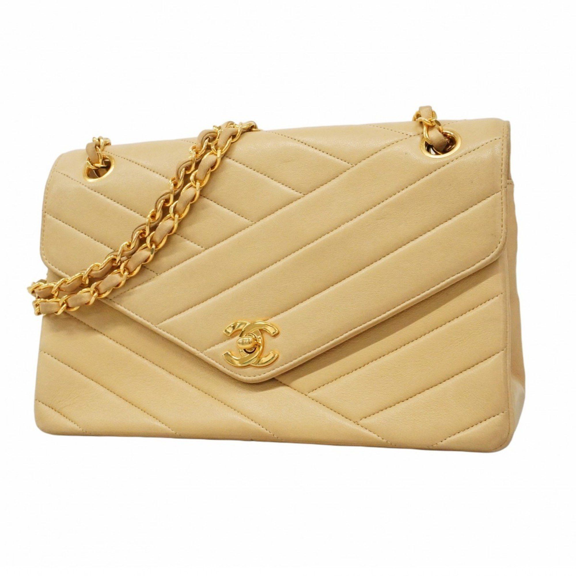 Chanel Shoulder Bag W Chain Lambskin Beige Women's