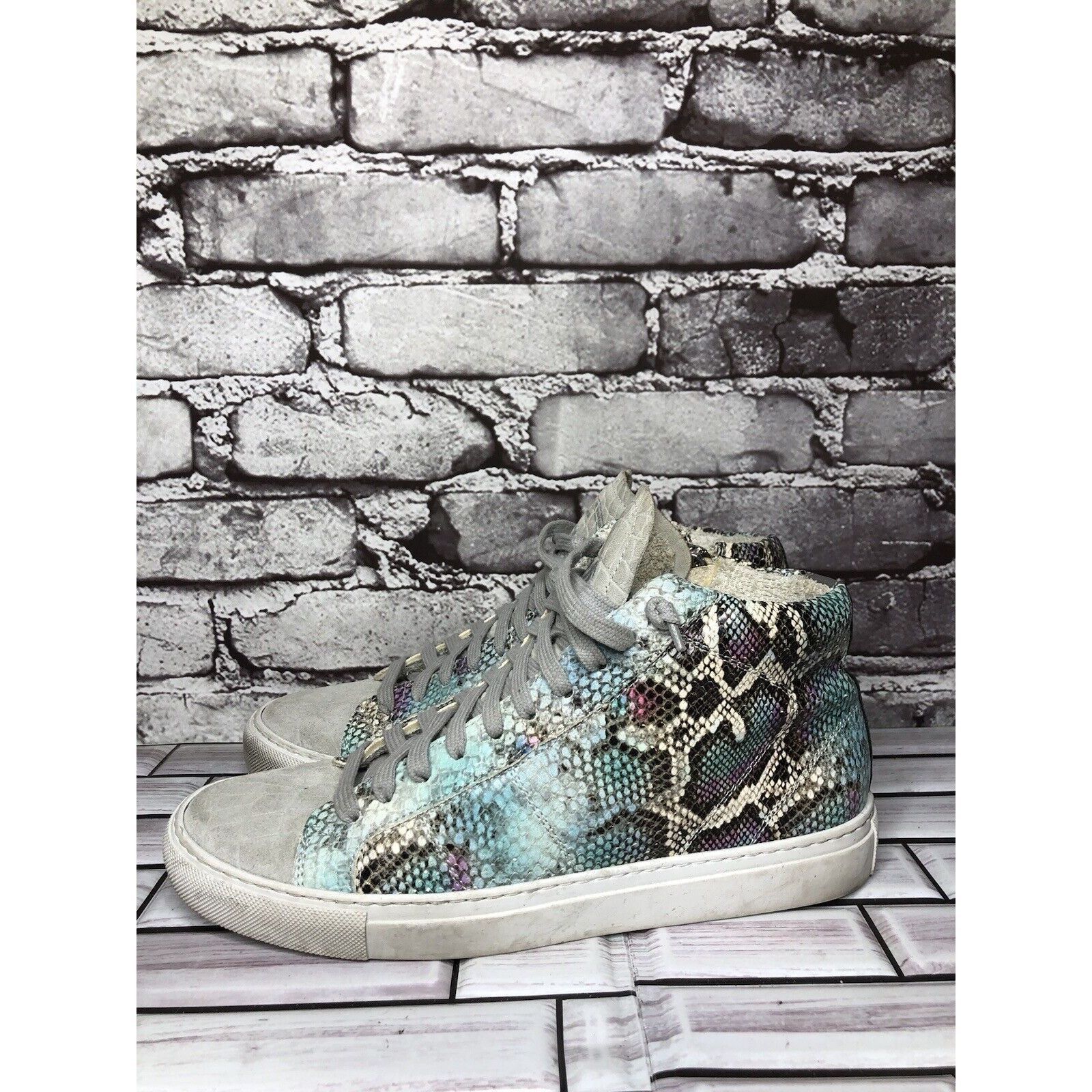 P448 Blue Leather Snake Lace Up Casual Side Zip High Top Sne