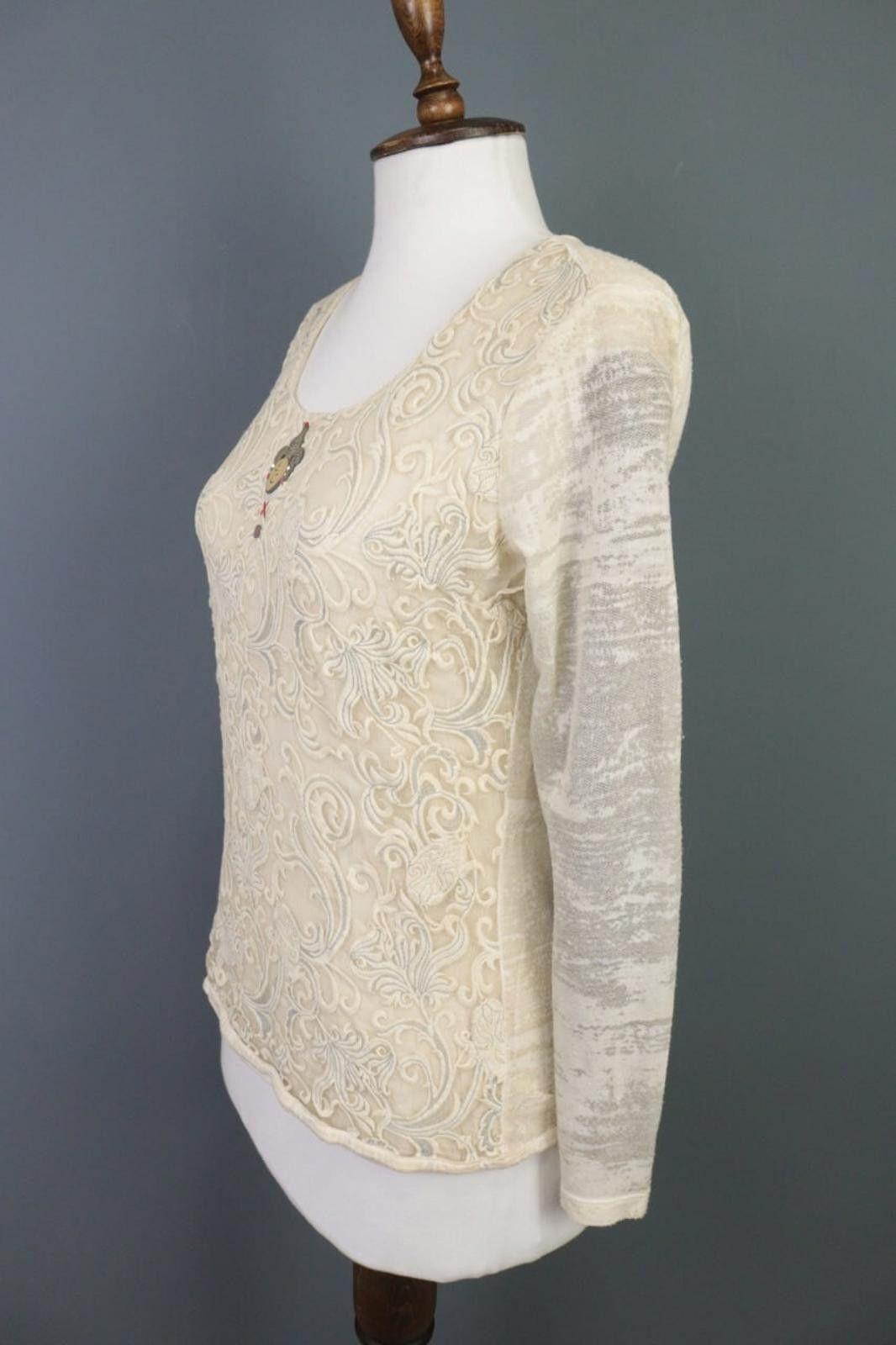 Designer Elisa Cavaletti Sono Italiano Beige Jasquard Blouse Top Size M / US 6-8 / IT 42-44 - 7 Thumbnail