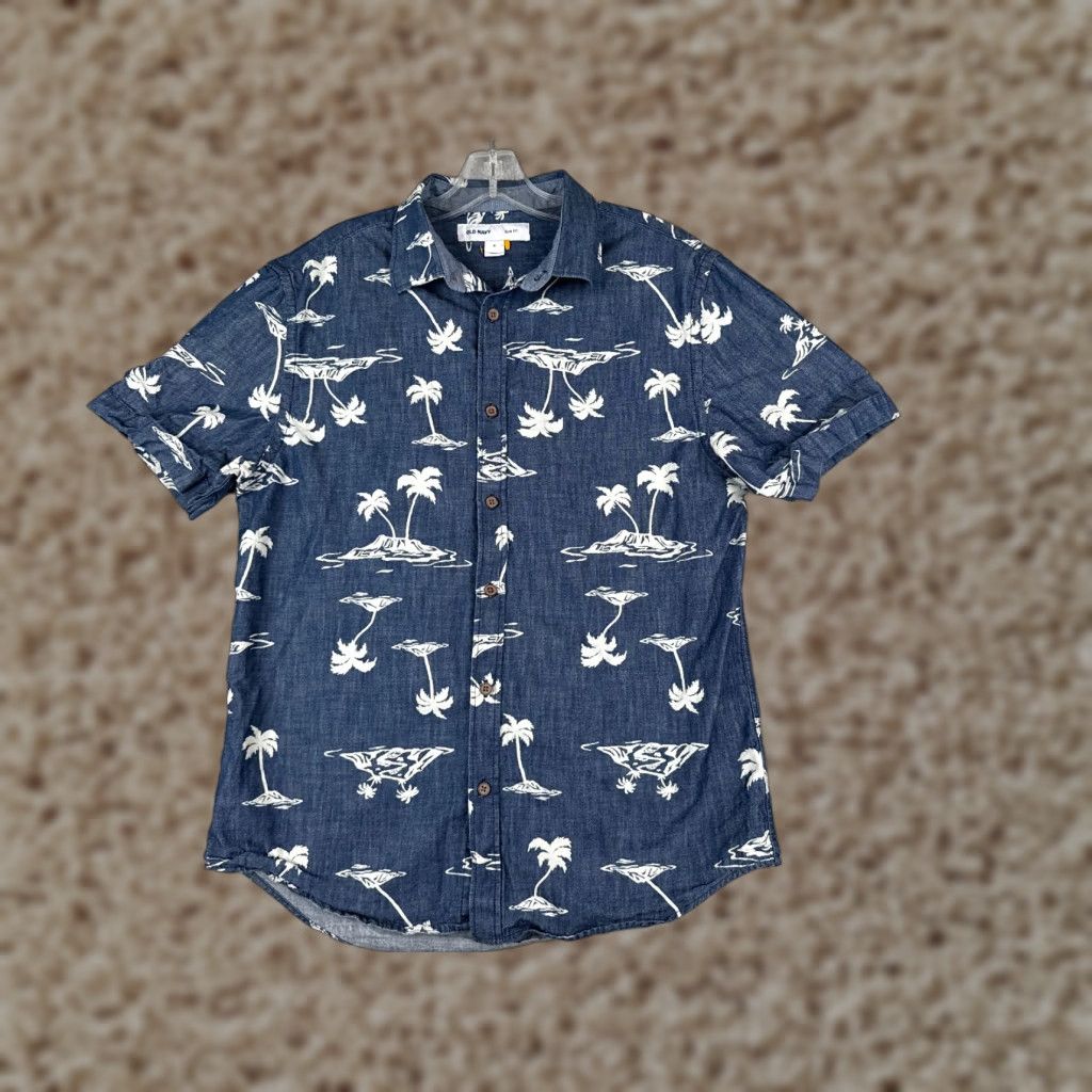 Old Navy Old Navy Hawaiian Shirt Men Medium Blue White Floral Slim Button-Up Cotton Size US M / EU 48-50 / 2 - 1 Thumbnail