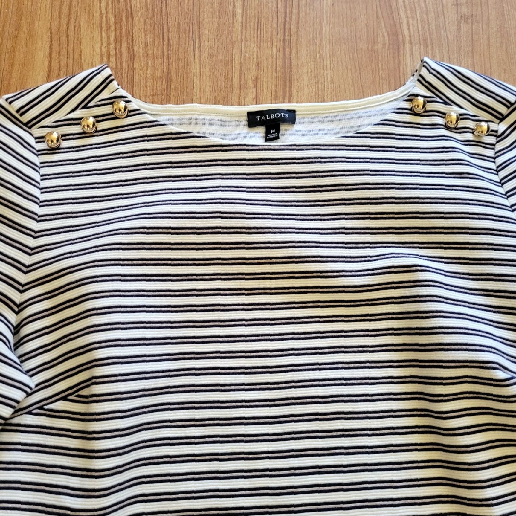 Talbots VINTAGE Talbots Shirt Womens M Black White Striped Ruffle Cuff Boat Neck Top Blouse Womens Classic Fit Size M / US 6-8 / IT 42-44 - 4 Thumbnail