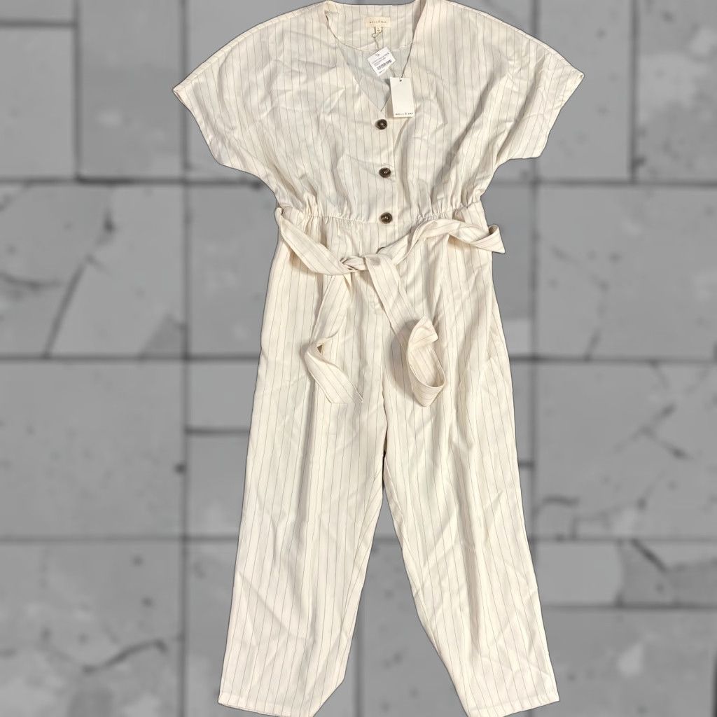 Vintage Mello Day Romper Womens L Beige Striped Button Front Pockets Belted NEW Size 36" / US 14 / IT 50 - 1 Thumbnail