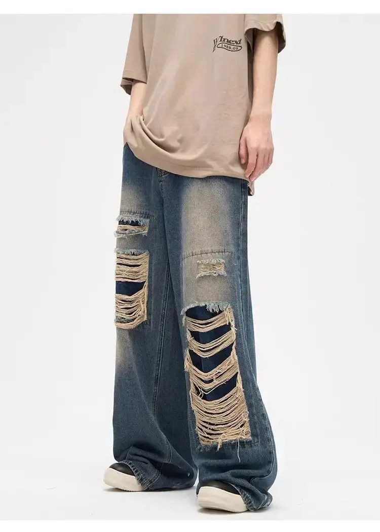 Japanese Brand Loose straight leg distressed jeans Size US 32 / EU 48 - 6 Thumbnail