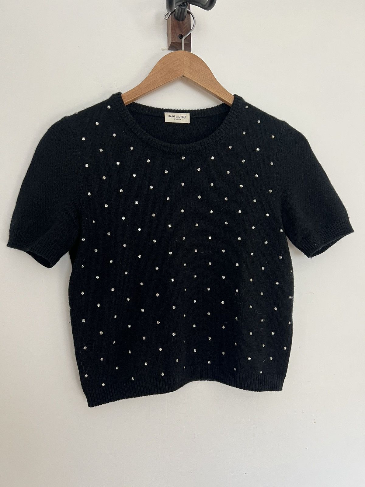 image of Saint Laurent Paris Cashmere Crystal Crop Sweater in Black, Women's (Size Medium)