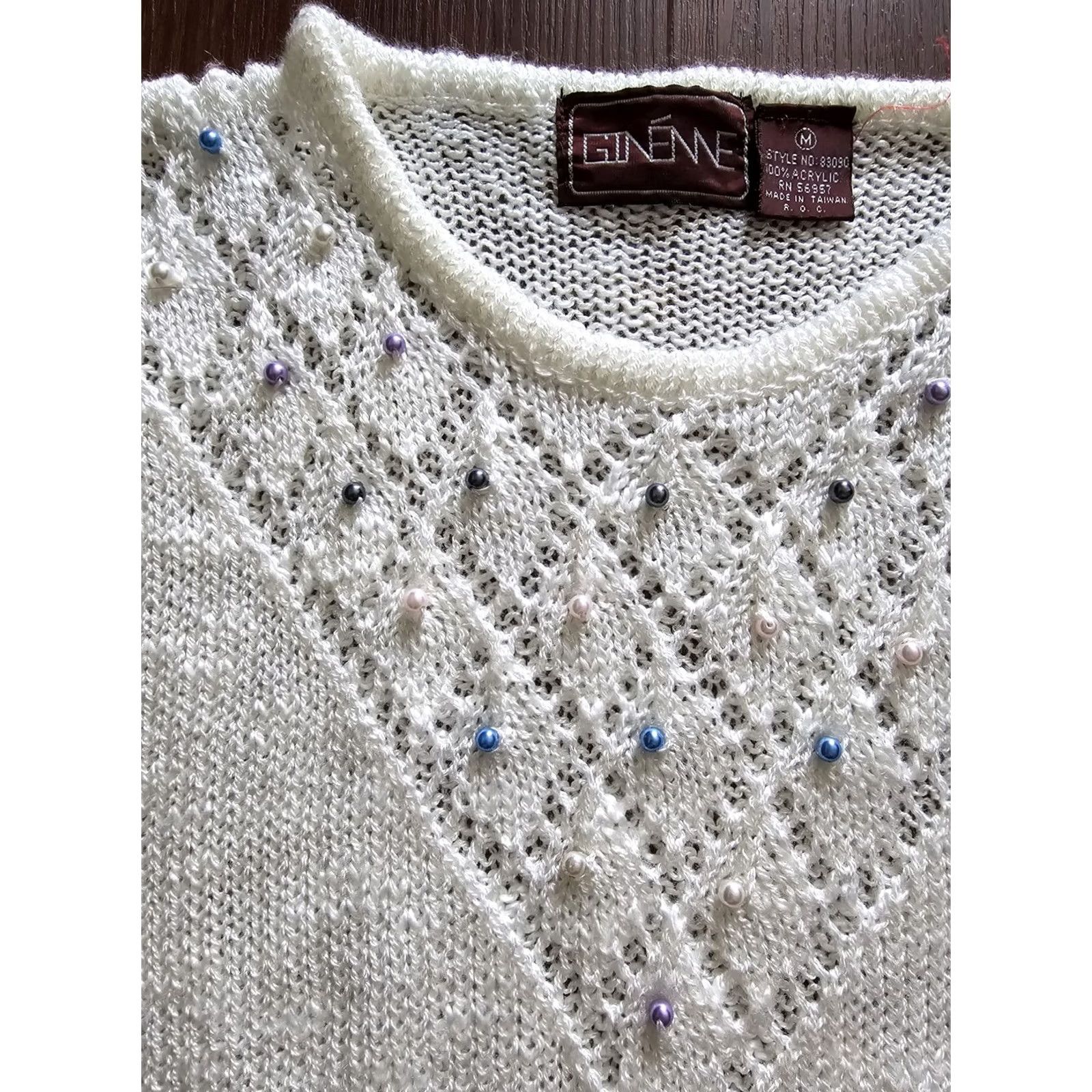 Vintage VINTAGE Ginenne Sweater Shirt Womens Medium Beige 1980s Beaded Cottagecore Grandmacore Decade 80s Size M / US 6-8 / IT 42-44 - 5 Thumbnail