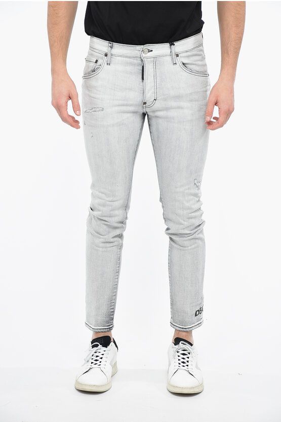 image of Dsquared2 Distressed Skater Denims With Logo Print At The Hem 16Cm in Grey, Men's (Size 32)