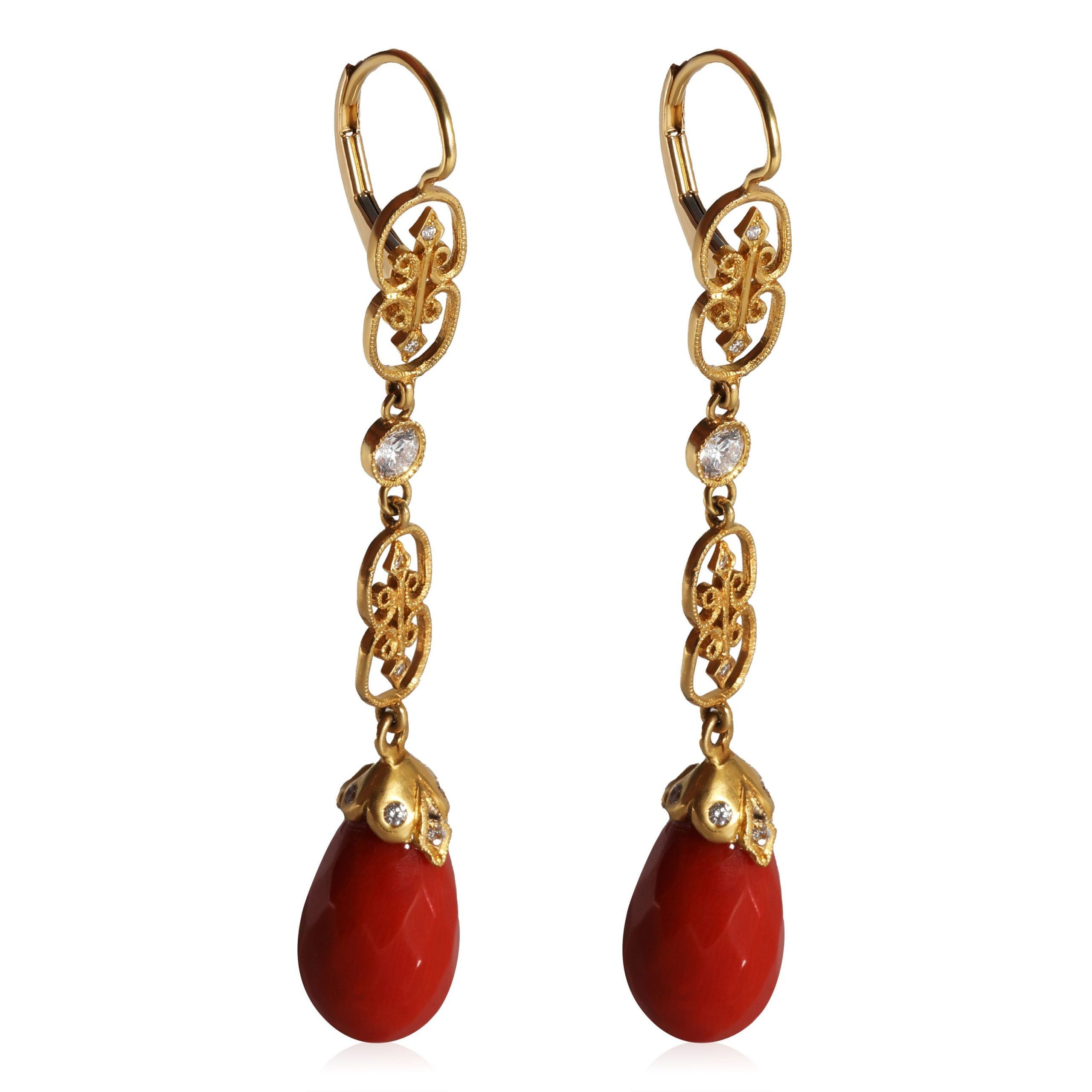 image of Coral Diamond Earrings In 14K Yellow Gold 0.5 Ctw, Women's
