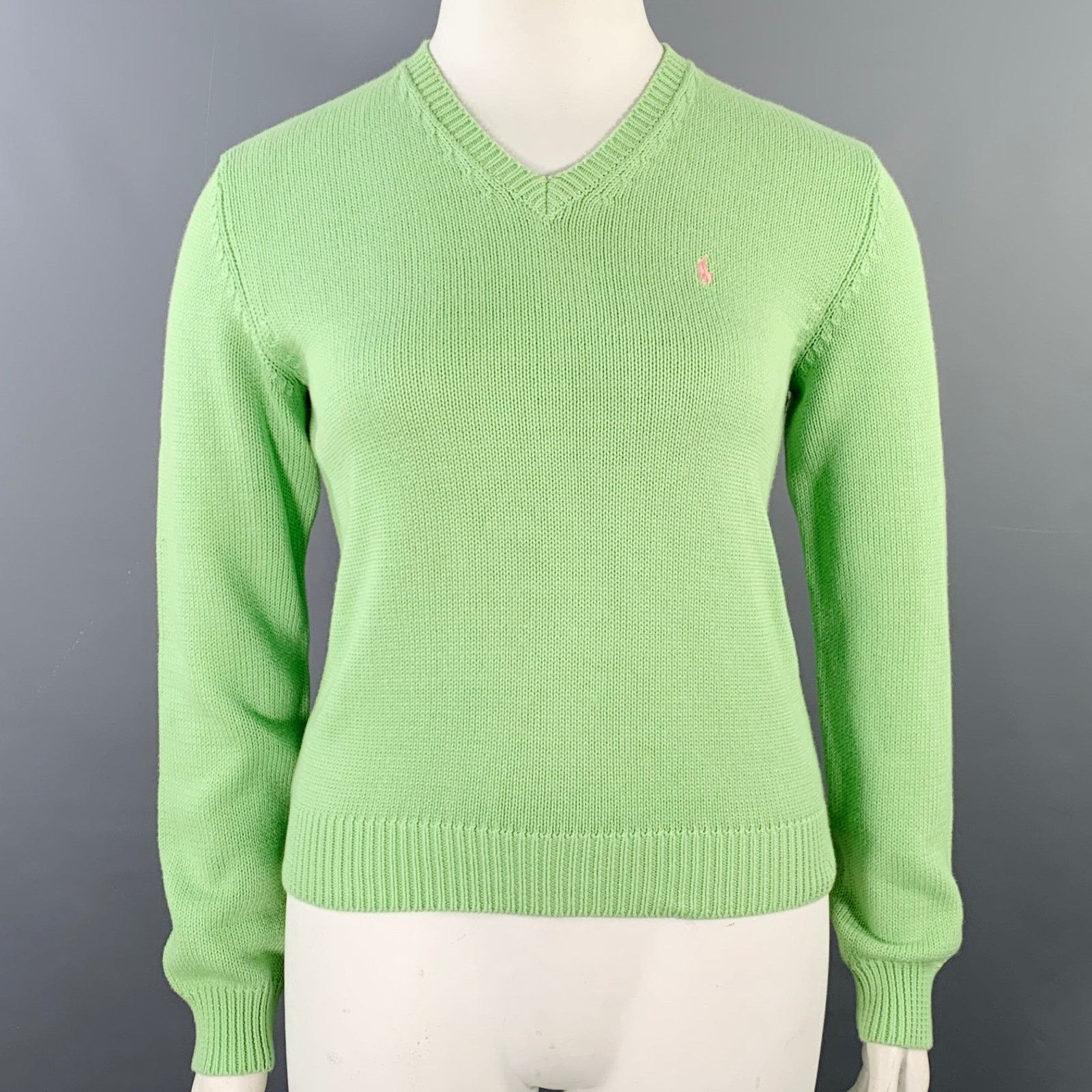 Ralph Lauren RALPH LAUREN Size L Green Cotton Knit V-Neck Sweater Size L / US 10 / IT 46 - 1 Thumbnail