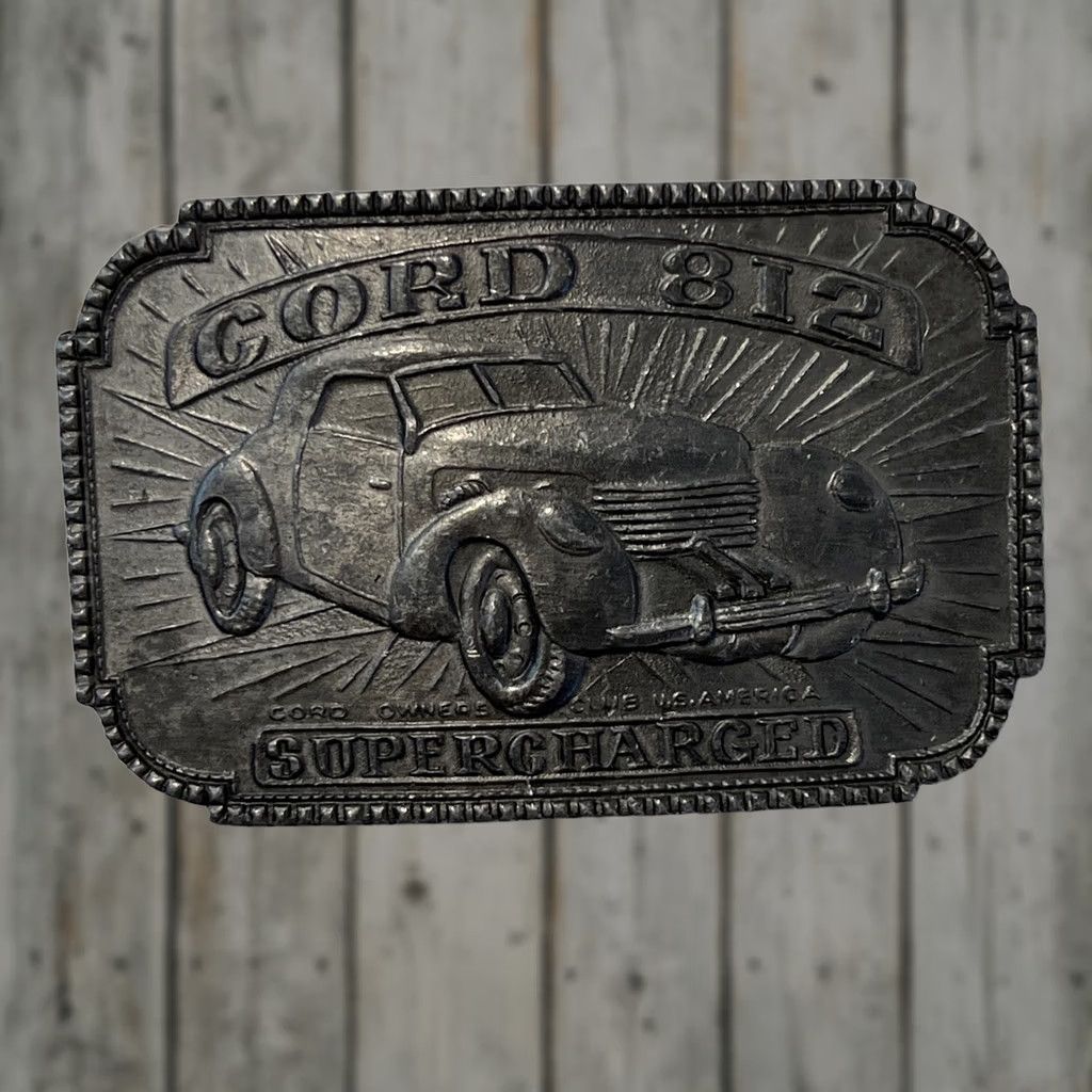 Vintage VINTAGE CORD Owners Club US Belt Buckle Cord 812 Supercharged Metal Silver Men 1980s Cars Size ONE SIZE - 1 Thumbnail