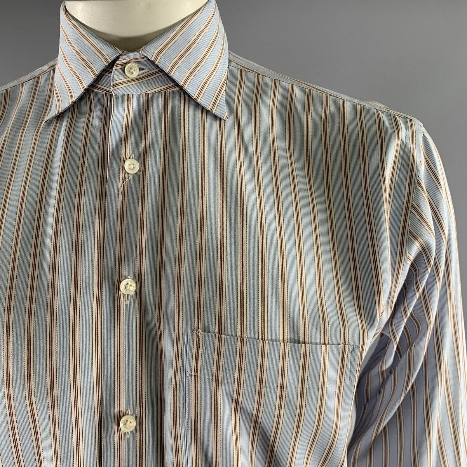 Finamore FINAMORE XL Blue White Brown Stripe Cotton Long Sleeve Shirt Size US XL / EU 56 / 4 - 2 Thumbnail