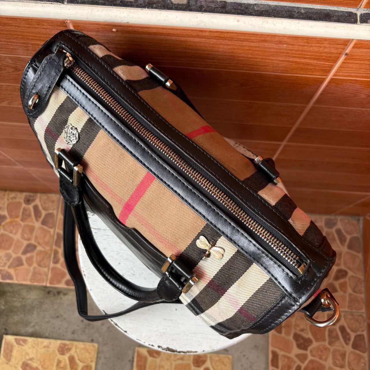 Burberry Burberry Vintage Haymarket Check Canvas & Leather Boston Bag Size ONE SIZE - 4 Thumbnail