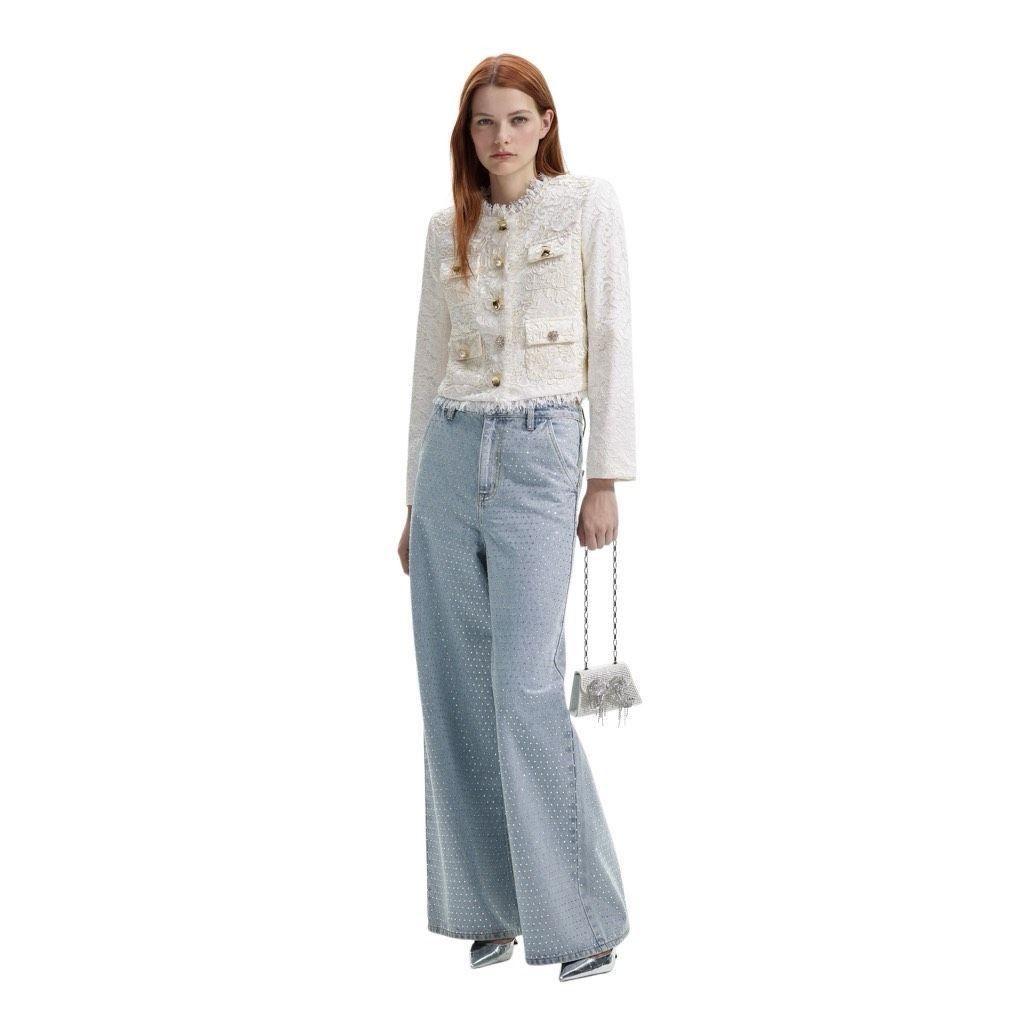 Self-Portrait NWT Self-Portrait Blue Rhinestone Wide-Leg Jeans Size 27 Size 27" / US 4 / IT 40 - 1 Thumbnail