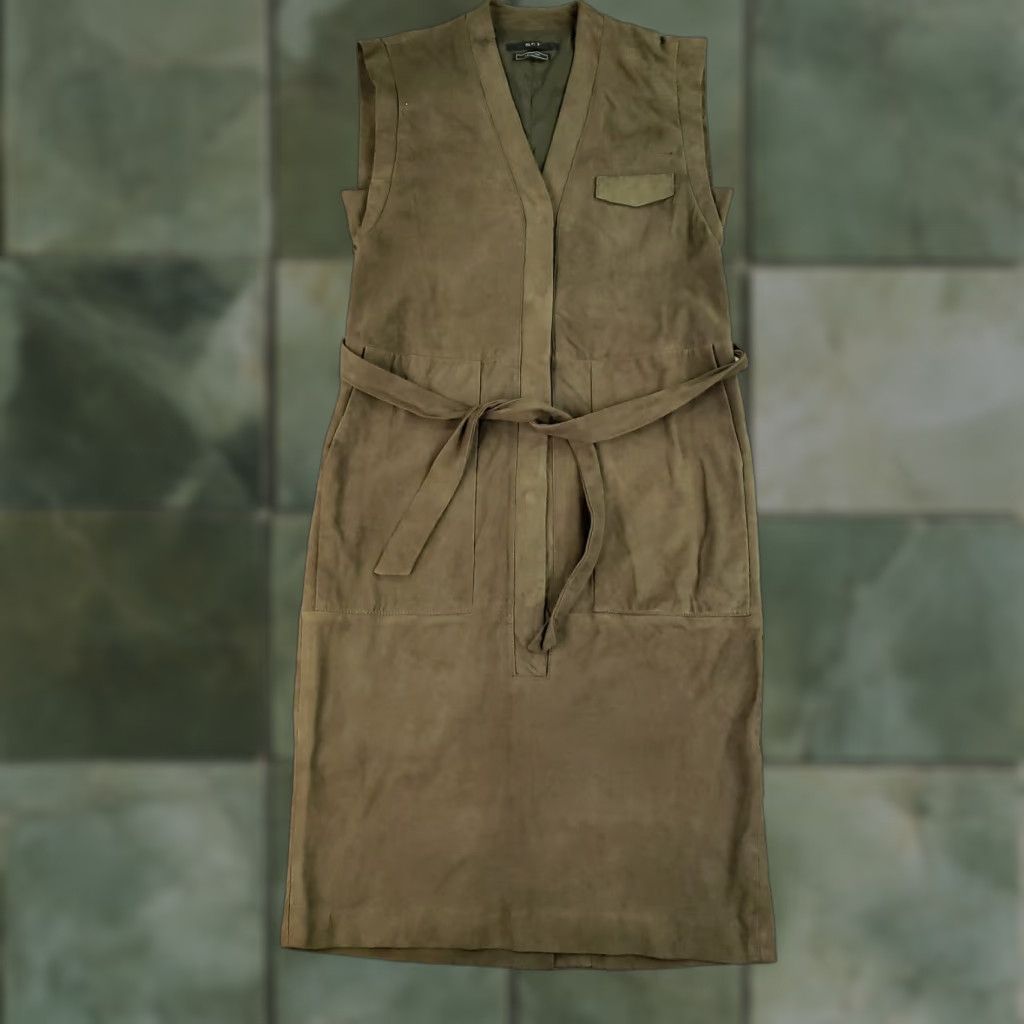 Vintage SET Dress Women Size 4 Green Suede Leather Sleeveless Midi Belted Pockets V Neck Size S / US 4 / IT 40 - 1 Thumbnail