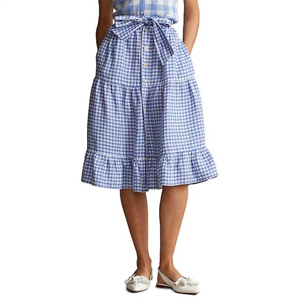 Polo Ralph Lauren NWT New $198 Polo Ralph Lauren Gingham Linen Tiered Midi Bl Size 30" / US 8 / IT 44 - 1 Thumbnail