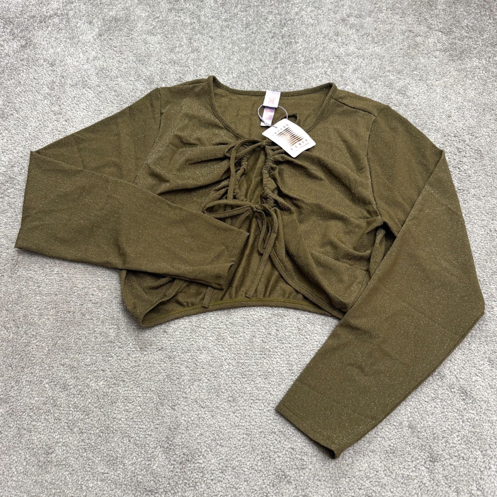Olive Savage x Fenty by Rihanna Long Sleeve Tie Front Crop Blouse 3X Olive Green Metallic Clubwear Womens Size XXL / US 16-18 / IT 52-54 - 2 Thumbnail