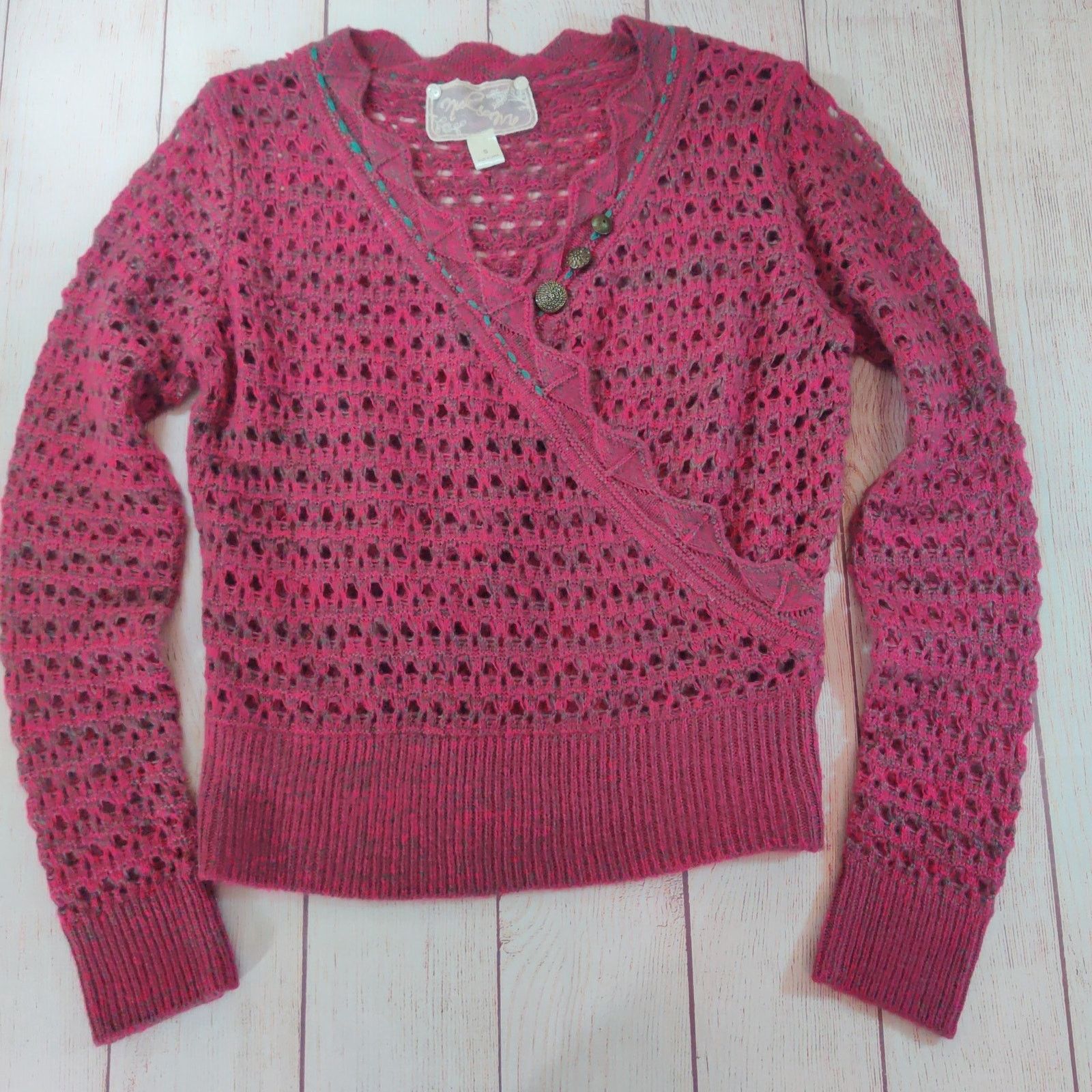 Anthropologie Nick & Mo crochet faux wrap V-neck sweater sz S Size S / US 4 / IT 40 - 3 Thumbnail