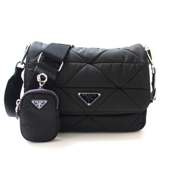 image of Prada Tessuto Quilted Shoulder Bag Black Leather Re-Nylon, Women's
