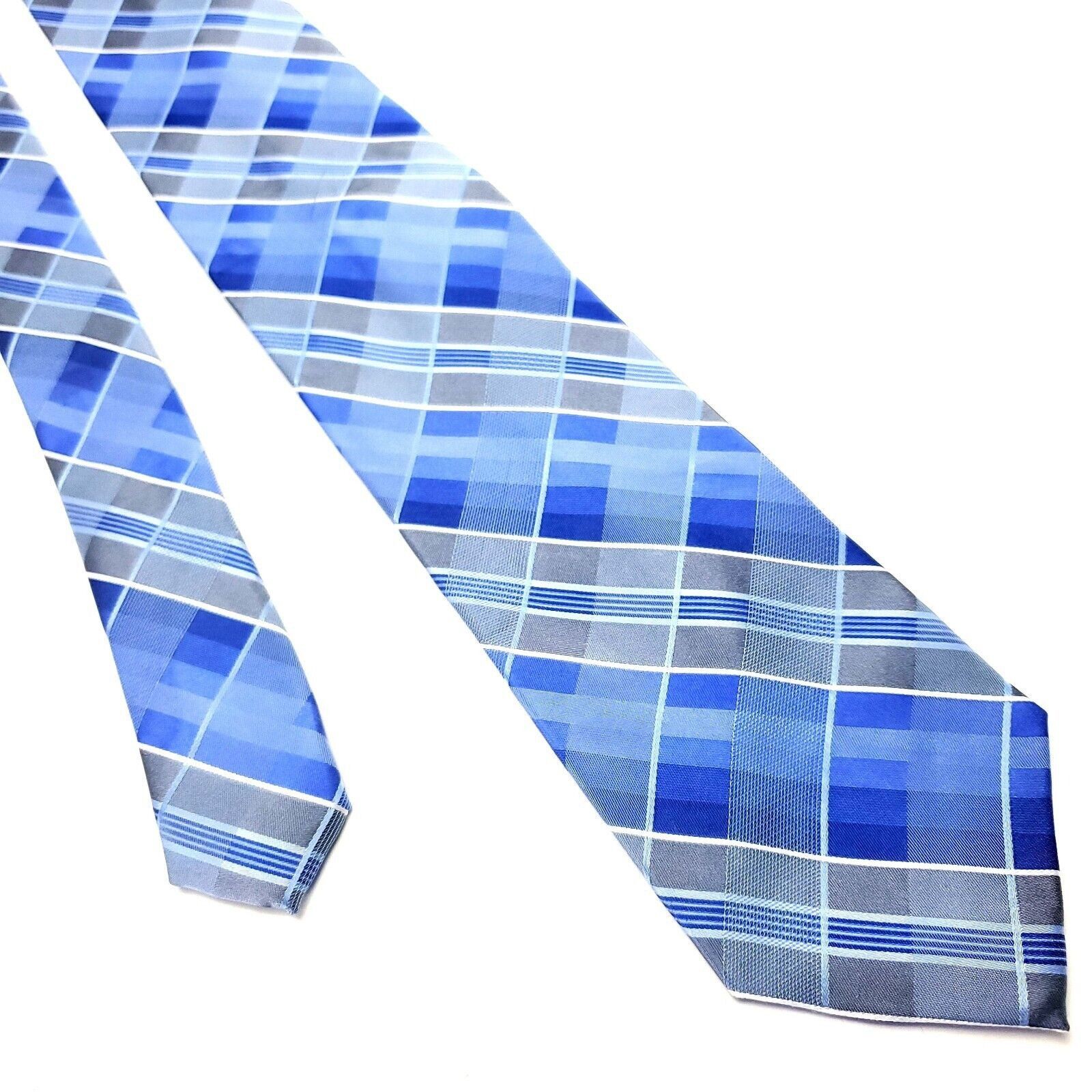 Calvin Klein Calvin Klein Blue Silk Tie Woven Skinny Plaids & Stripes Size ONE SIZE - 1 Thumbnail