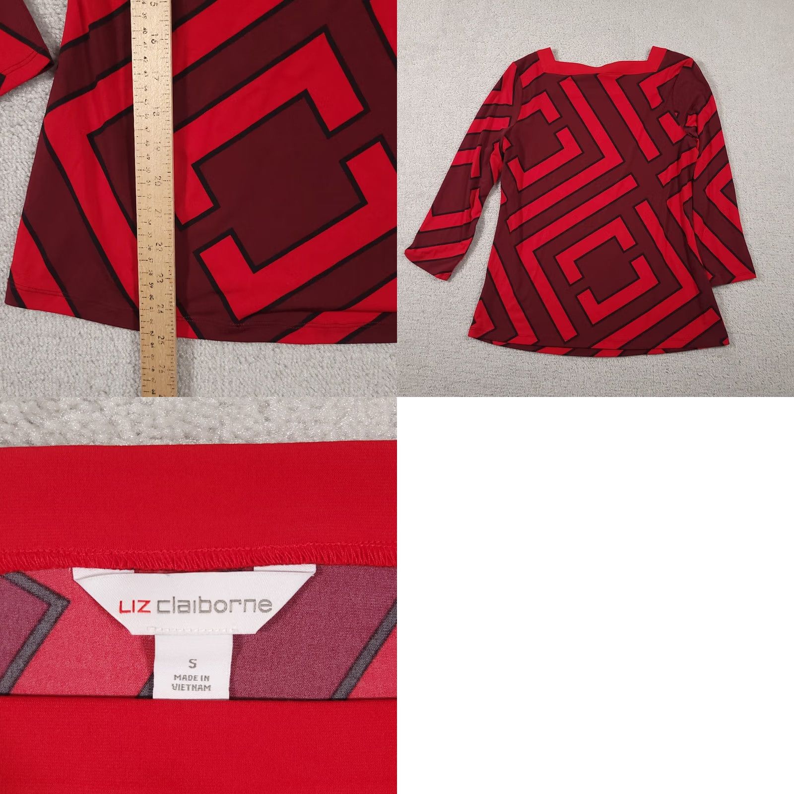 Liz Claiborne Liz Claiborne Shirt Womens Small Red Geometric Square Neck 3/4 Sleeves Blouse Size S / US 4 / IT 40 - 8 Thumbnail