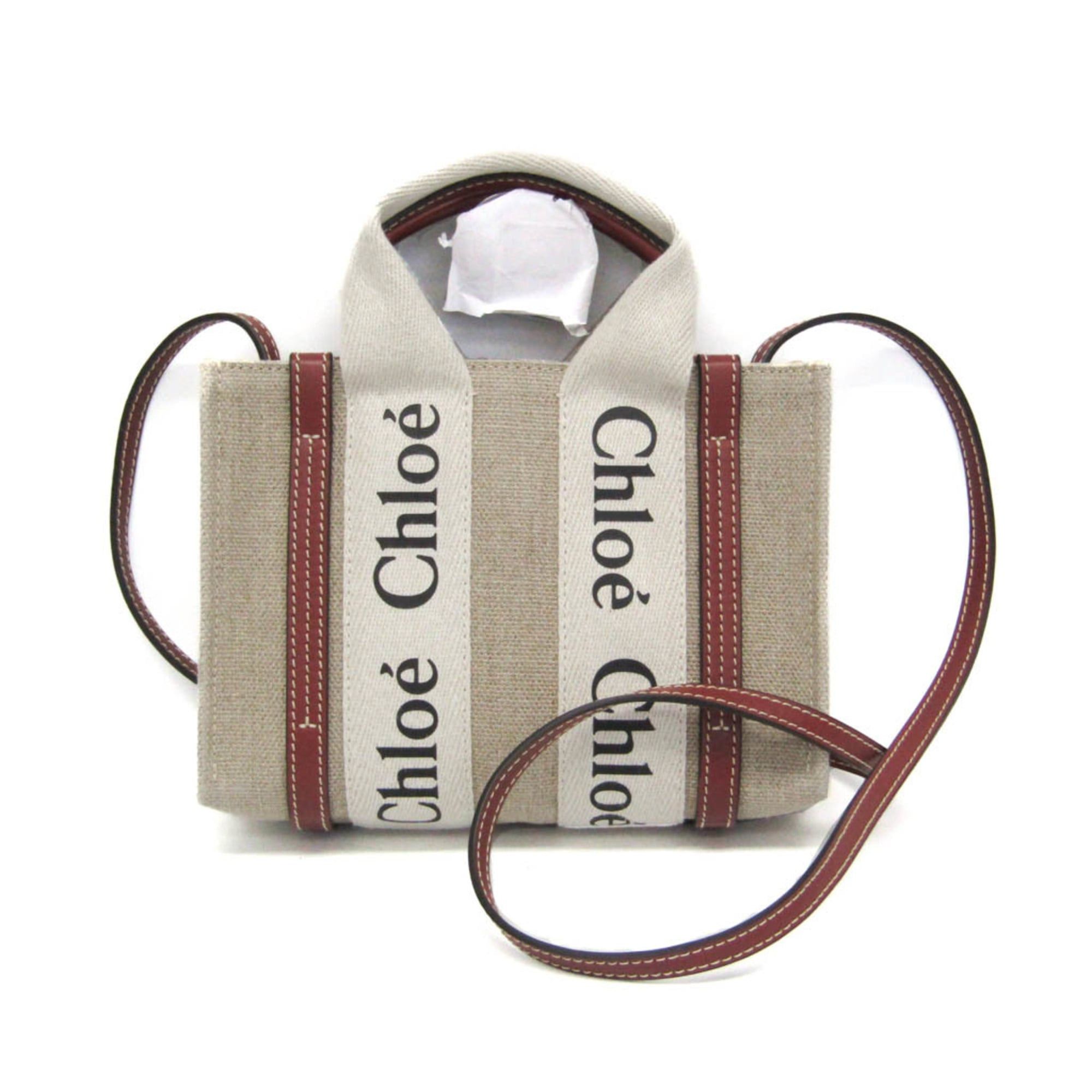 Chloe Chloé Woody Mini CHC22AP237I266J5 Women's Linen,Leather Shoulder Bag Light Beige Size ONE SIZE - 1 Thumbnail