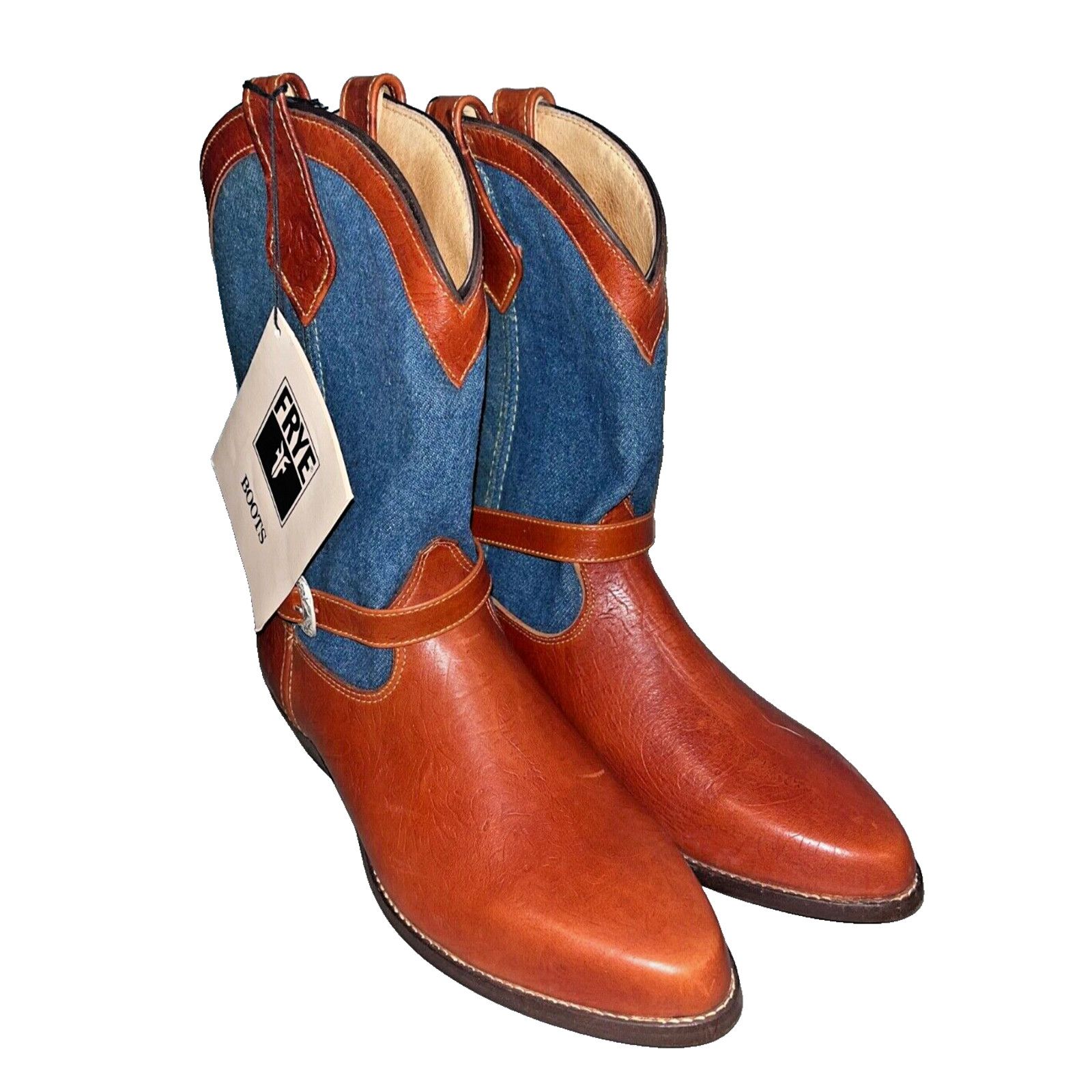 Frye Frye Cowboy Boots Denim Leather Silver Buckles Vintage Sz 8 Size US 6 / IT 36 - 5 Thumbnail