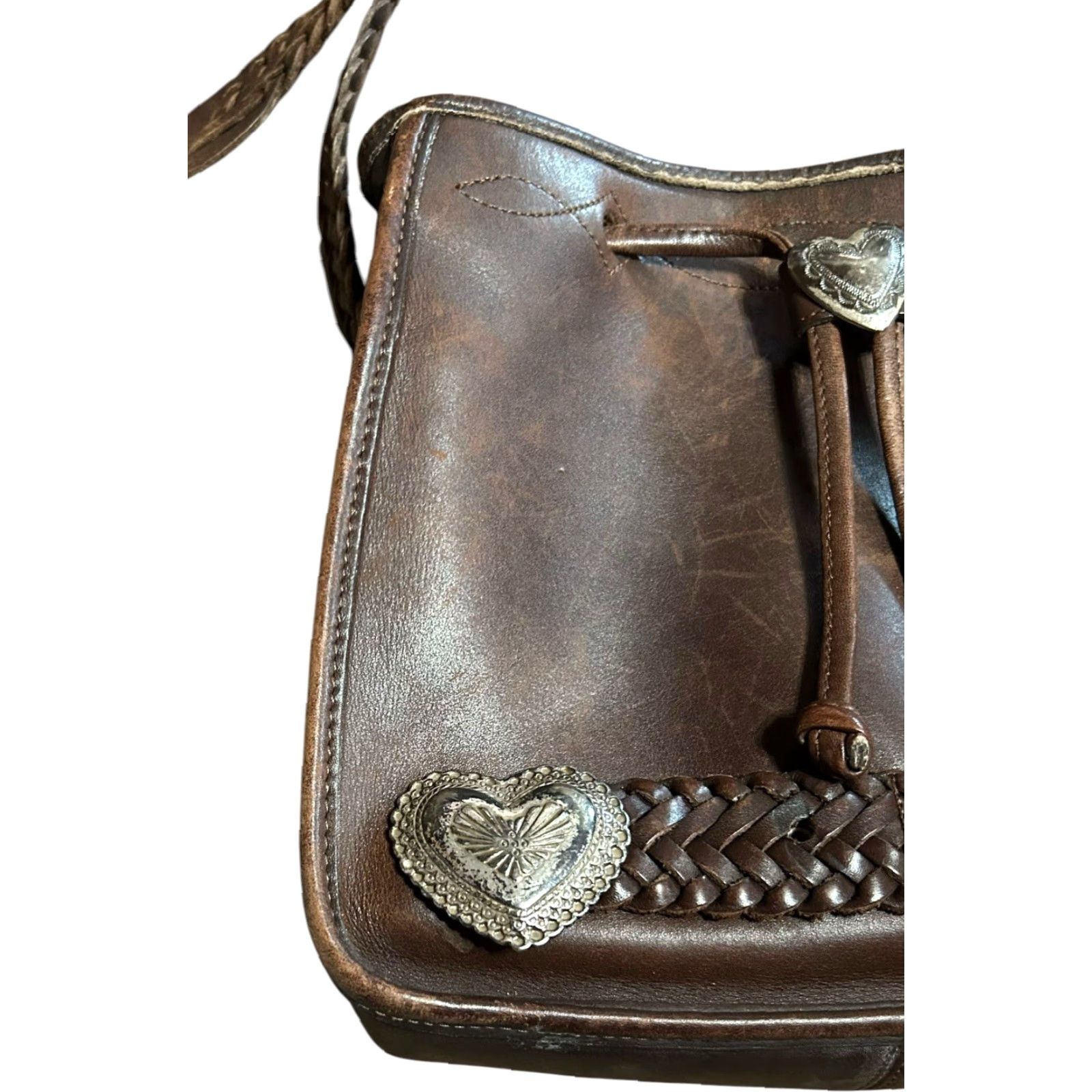 Brighton VINTAGE Brighton Western Crossbody Purse Hearts Leather Brown Conchos Damaged Women Crossbody Bag Medium Brown Leather, Silver Hardware Women Size ONE SIZE - 3 Thumbnail