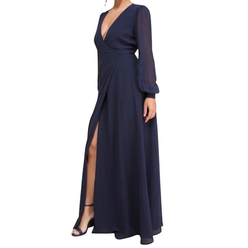 LULUS Dark Navy Blue Long Sleeve Wrap Dress - Size 3X
