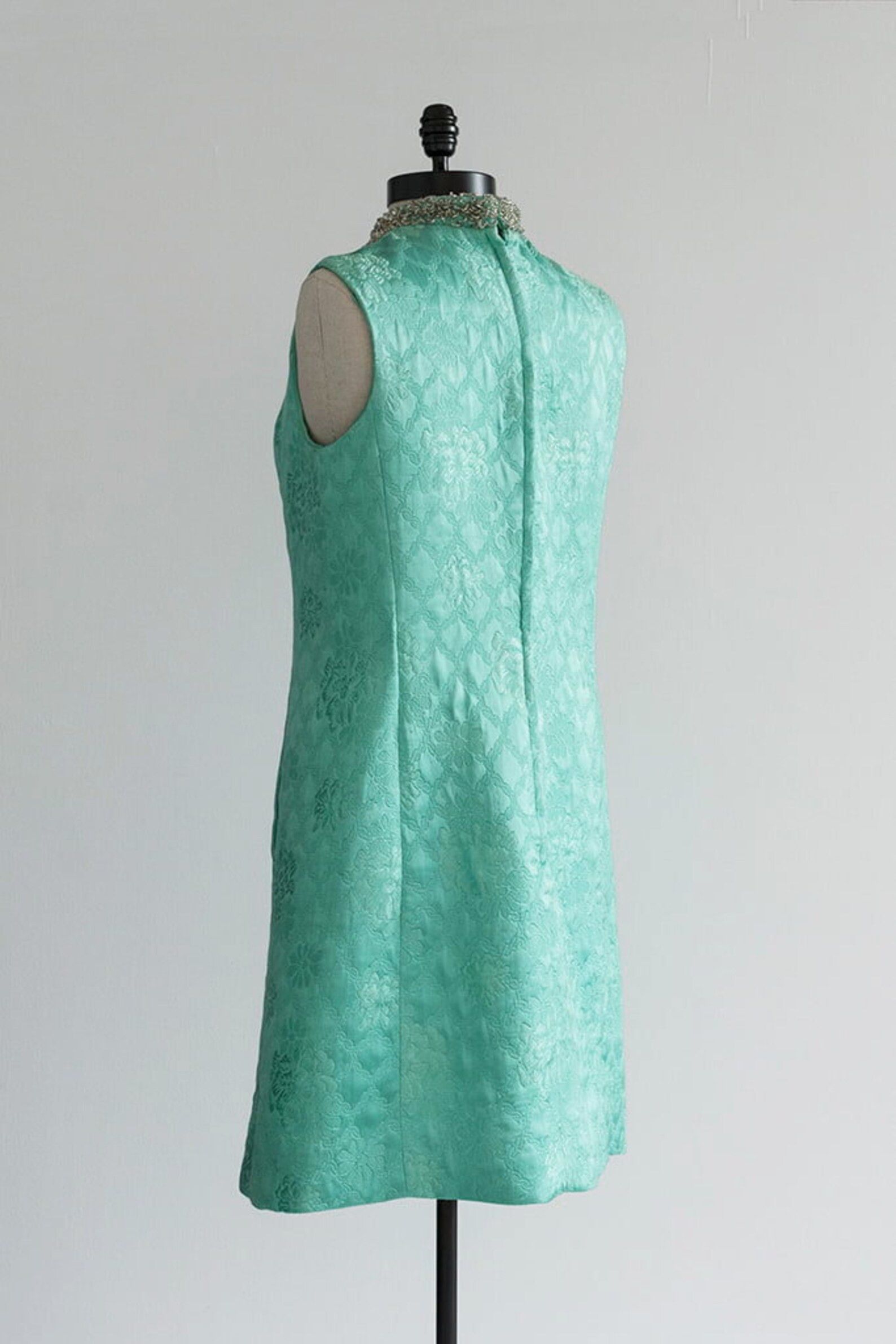 Vintage Vintage Beaded Cocktail Dress - Turquoise Silk Dress Size M / US 6-8 / IT 42-44 - 3 Thumbnail