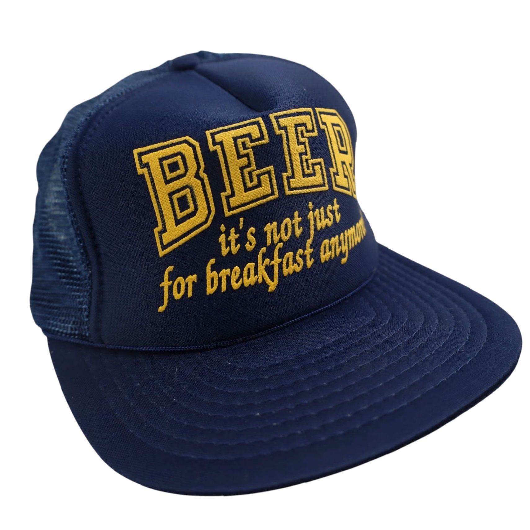 Vintage VINTAGE Beer Its not Just for Breakfast Anymore Spellout Trucker Hat Men OS Blue Size ONE SIZE - 2 Thumbnail