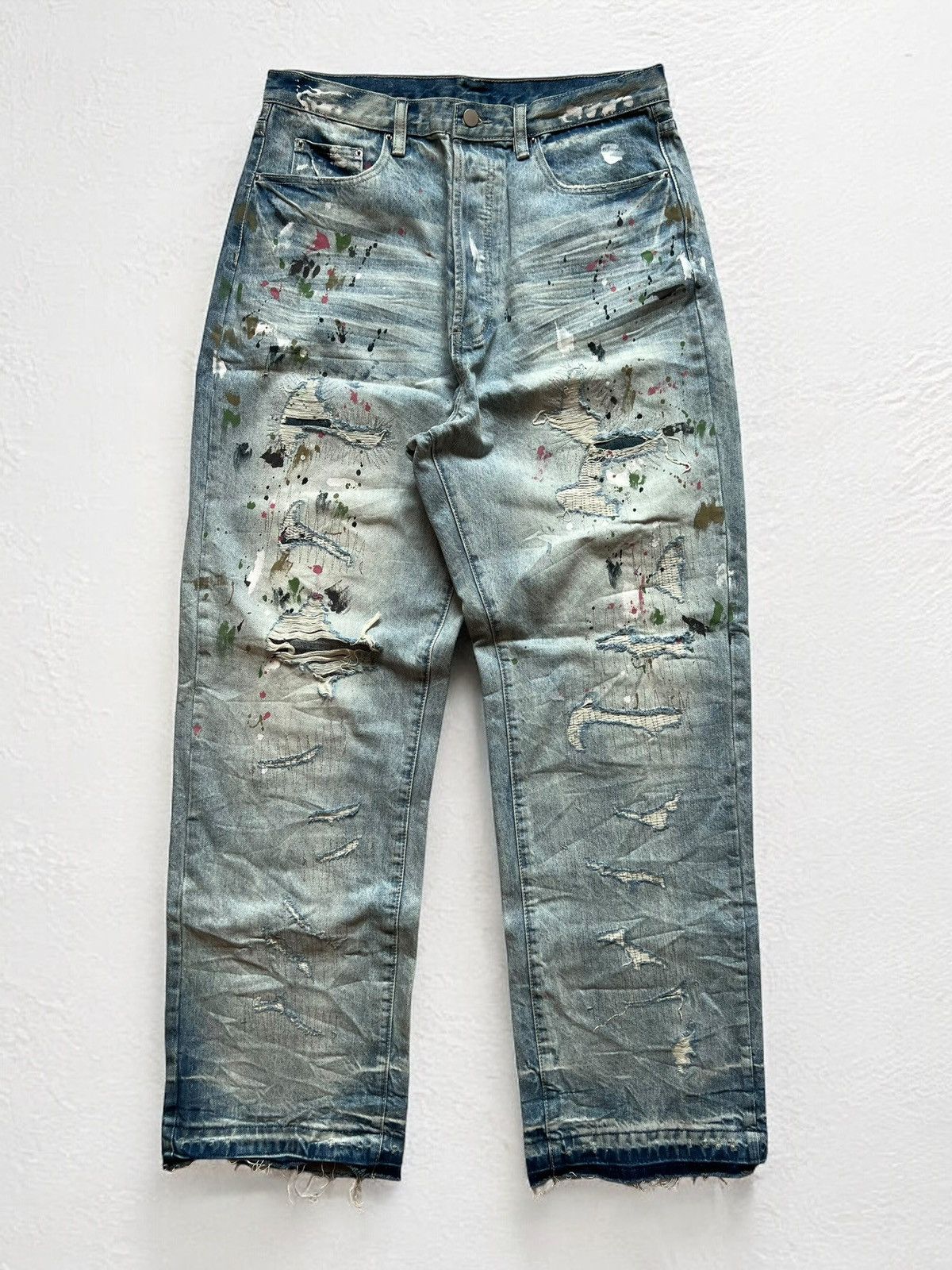 Designer × Japanese Brand UNKNOWN DESIGNER RIPPED DENIM JEANS DISTRESSED PAINTED Size US 34 / EU 50 - 1 Thumbnail
