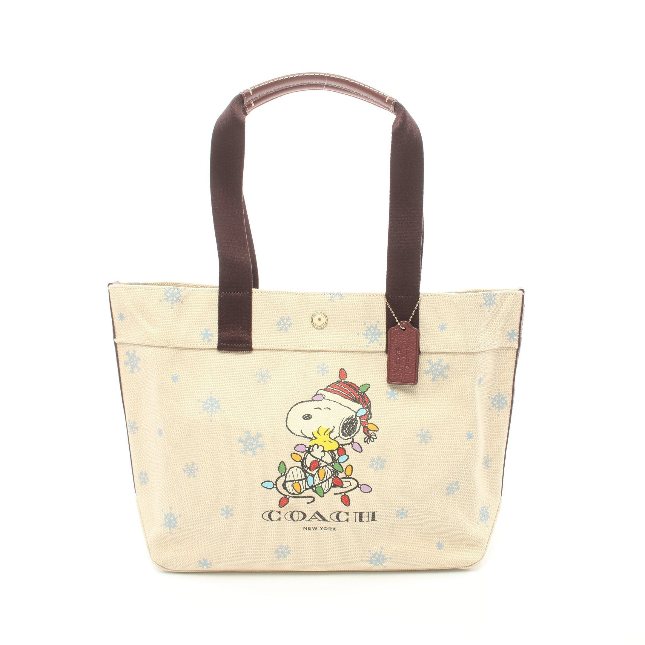 image of Coach Peanuts Snoopy Handbag Tote Bag Canvas Leather Beige Multicolor, Women's
