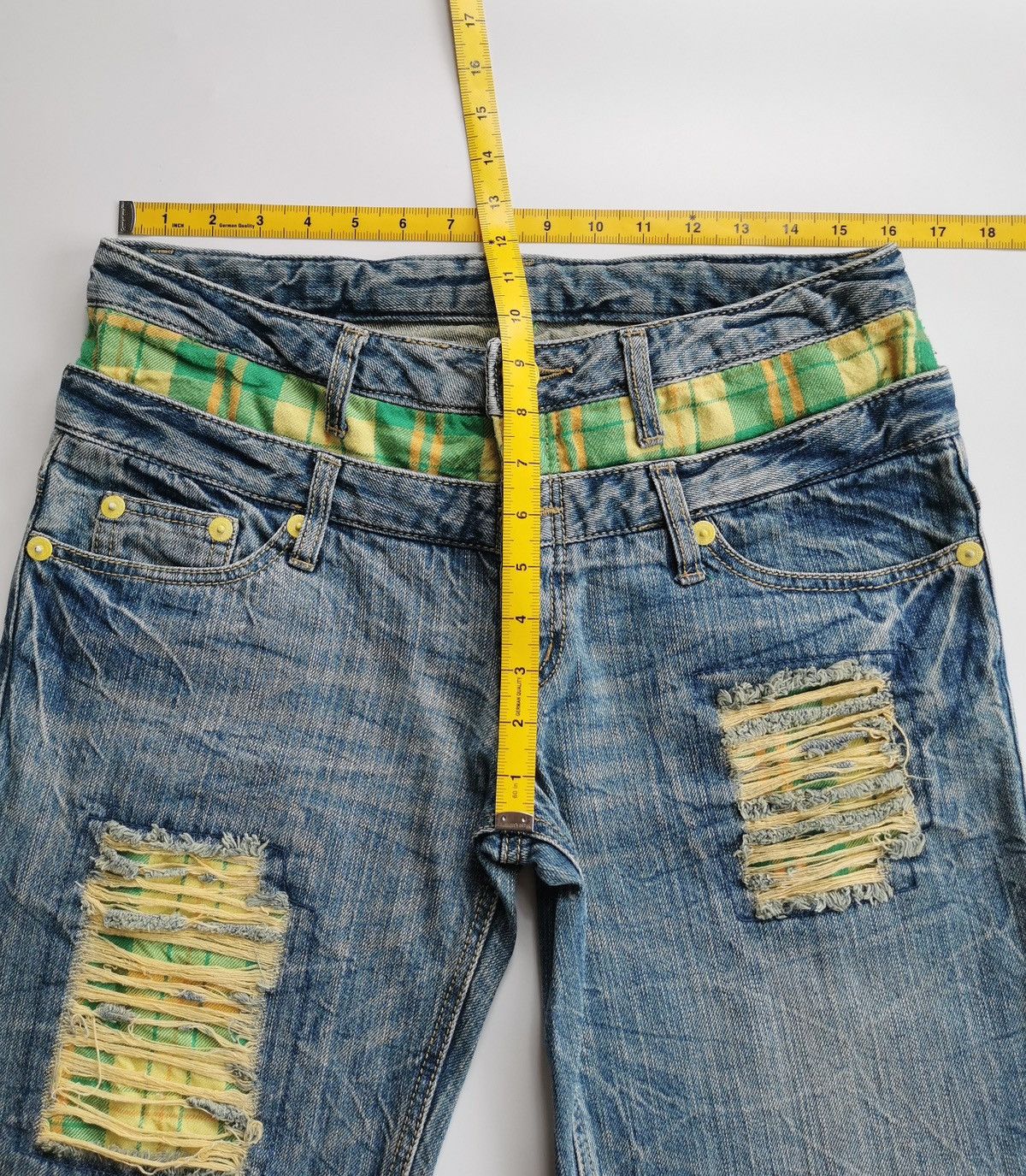 Japanese Brand Double Waist Patchwork Green Denim Jeans Size US 32 / EU 48 - 10 Thumbnail