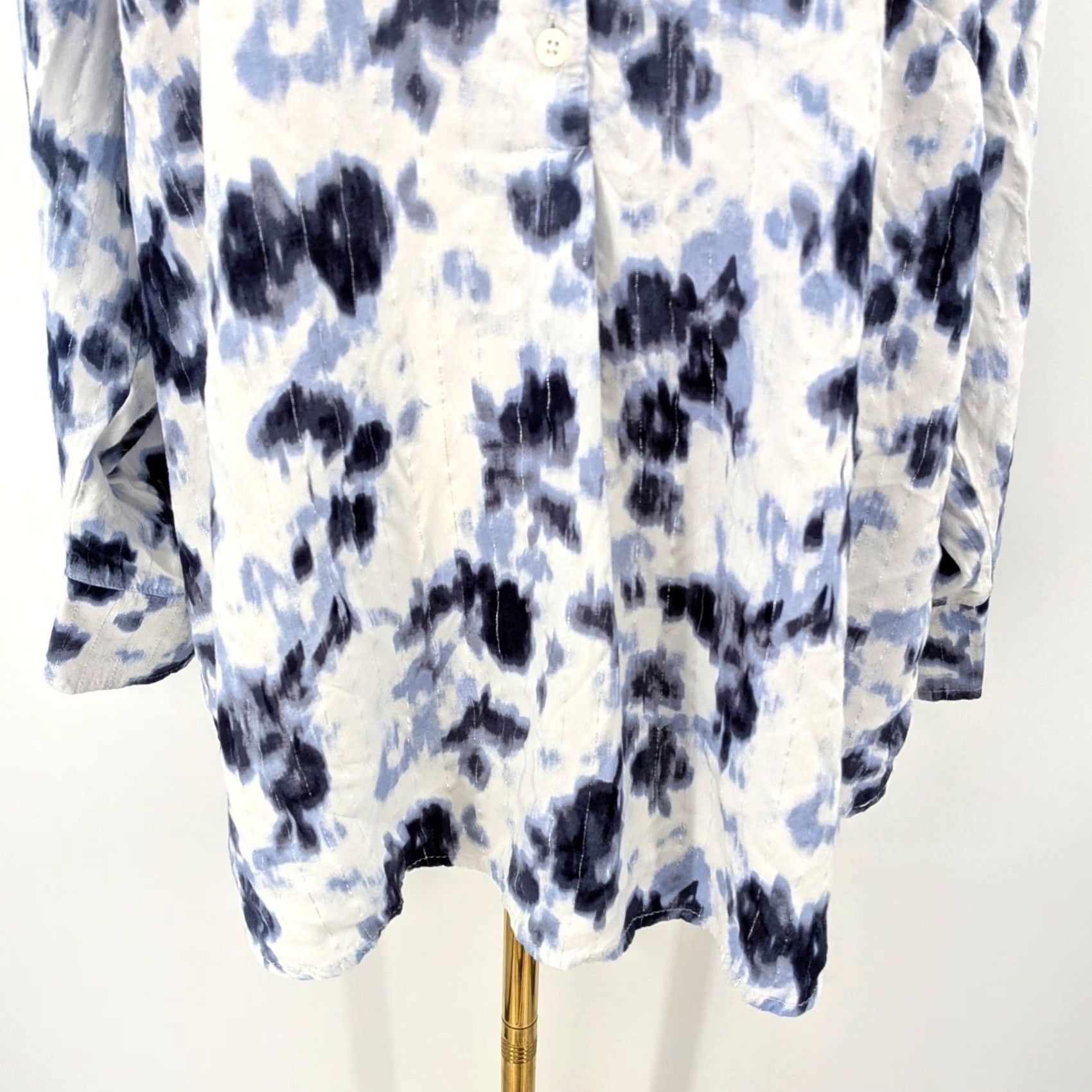 FRED Fred David Blue Floral Rayon Tunic Blouse 2X White Spring Silver Metallic Size XXL / US 16-18 / IT 52-54 - 7 Thumbnail