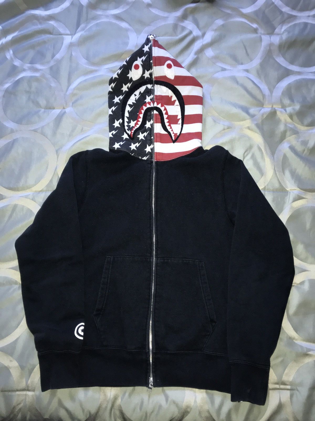 Image of Bape Usa Flag Shark Hoodie Full Zip S in Black, Men's (Size Small)