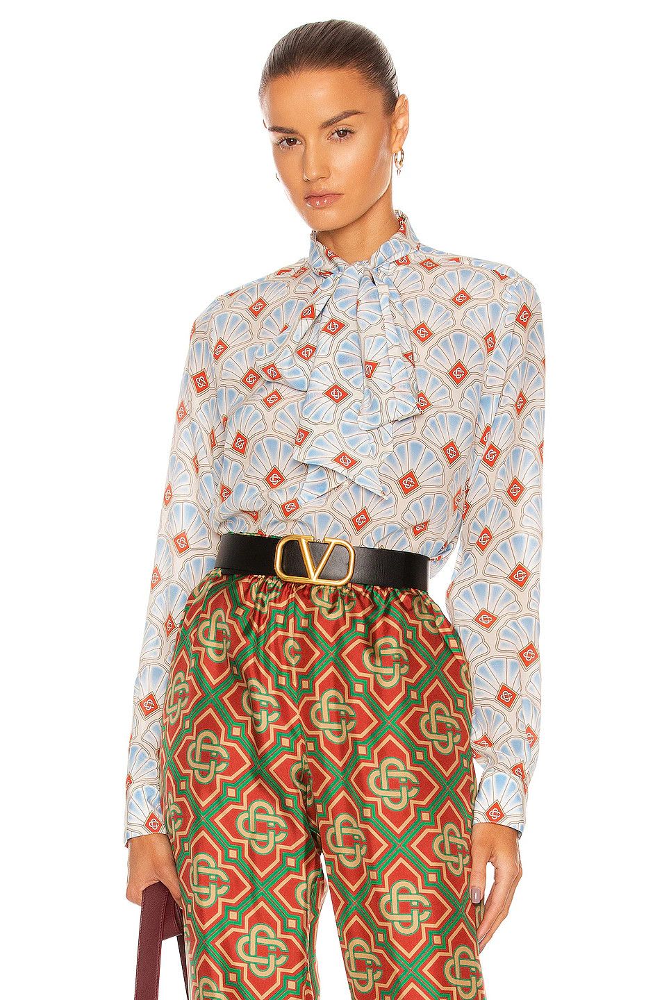 Casablanca Blue Shell Logo Crepe De Chine Pussy Bow Blouse Size L / US 10 / IT 46 - 3 Thumbnail