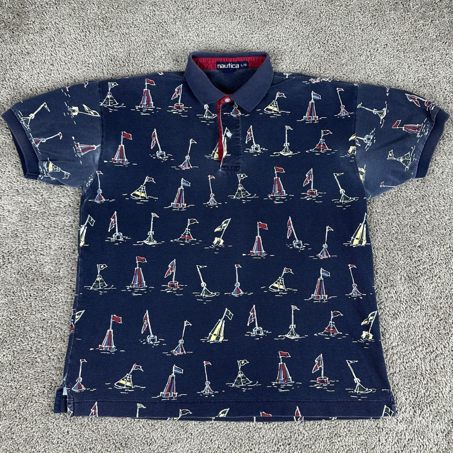 Nautica VINTAGE Nautica Polo Shirt Mens Large Sailboat Print Short Sleeve 90s Hong Kong Navy Collar 100% Cotton Graphic Print Passes Size US L / EU 52-54 / 3 - 2 Thumbnail