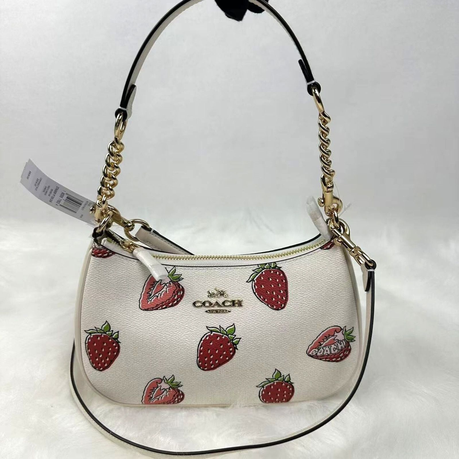Coach Teri Shoulder Bag Crossbody Strawberry Canvas Chalk in White, Women's