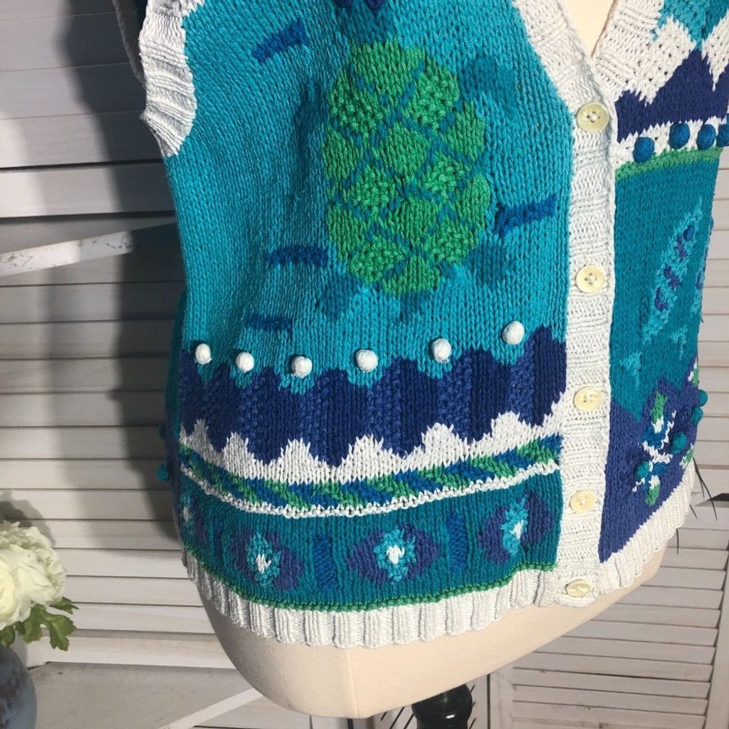 Vintage 90s granny's vest cotton knitted teal blue ocean theme XL Size XL / US 12-14 / IT 48-50 - 6 Thumbnail